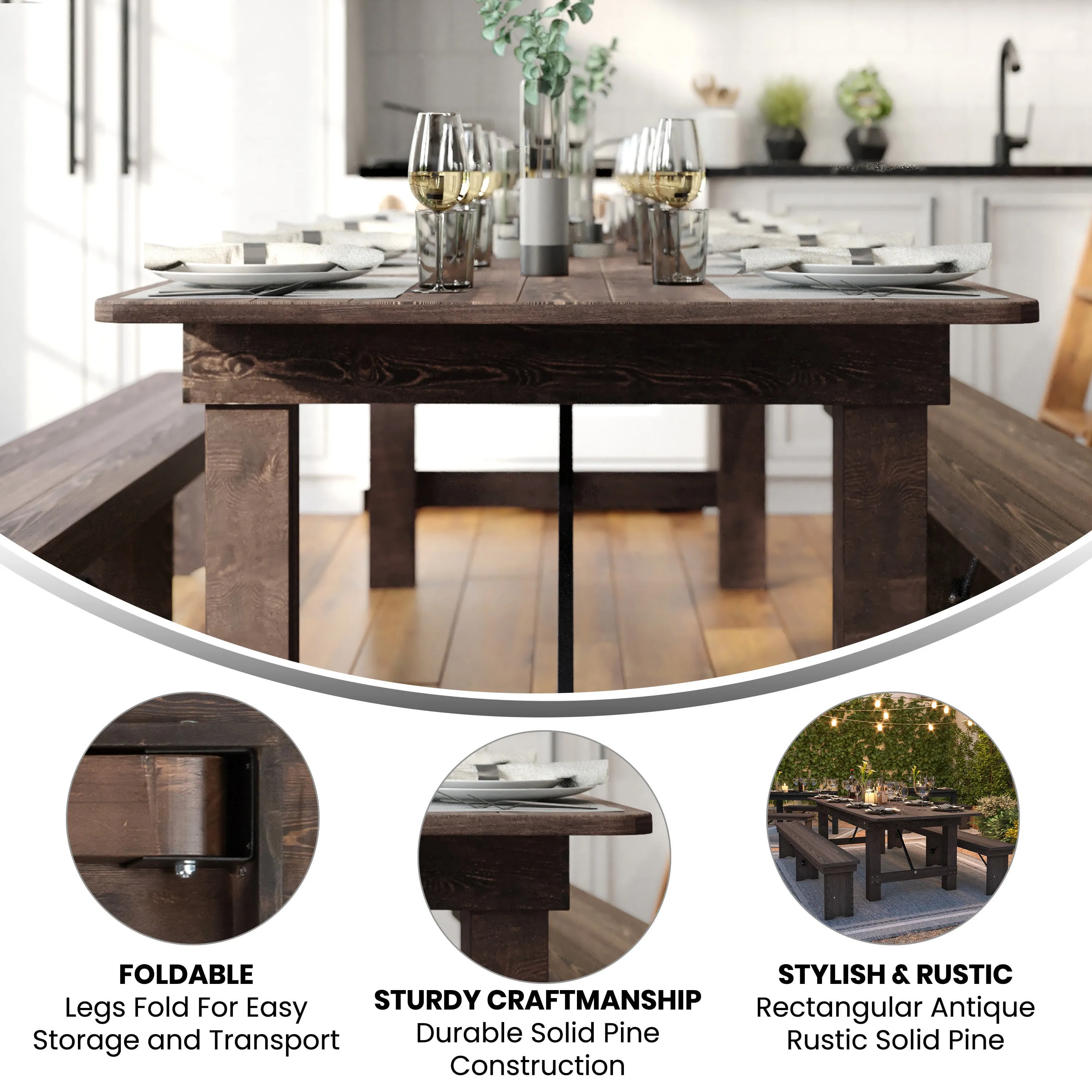 HERCULES Series 9' x 40" Rectangular Solid Pine Folding Farm Table