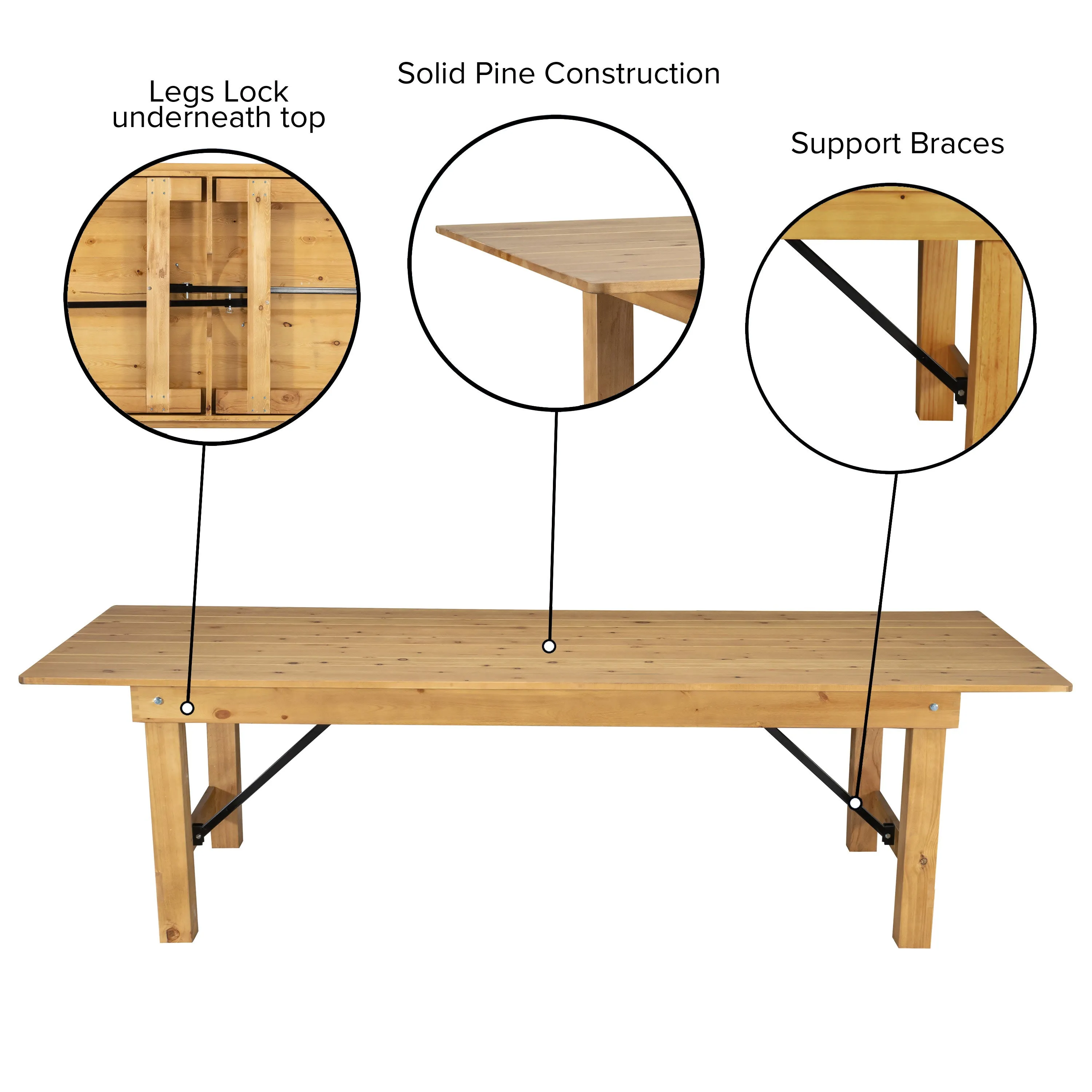 HERCULES Series 9' x 40" Rectangular Solid Pine Folding Farm Table