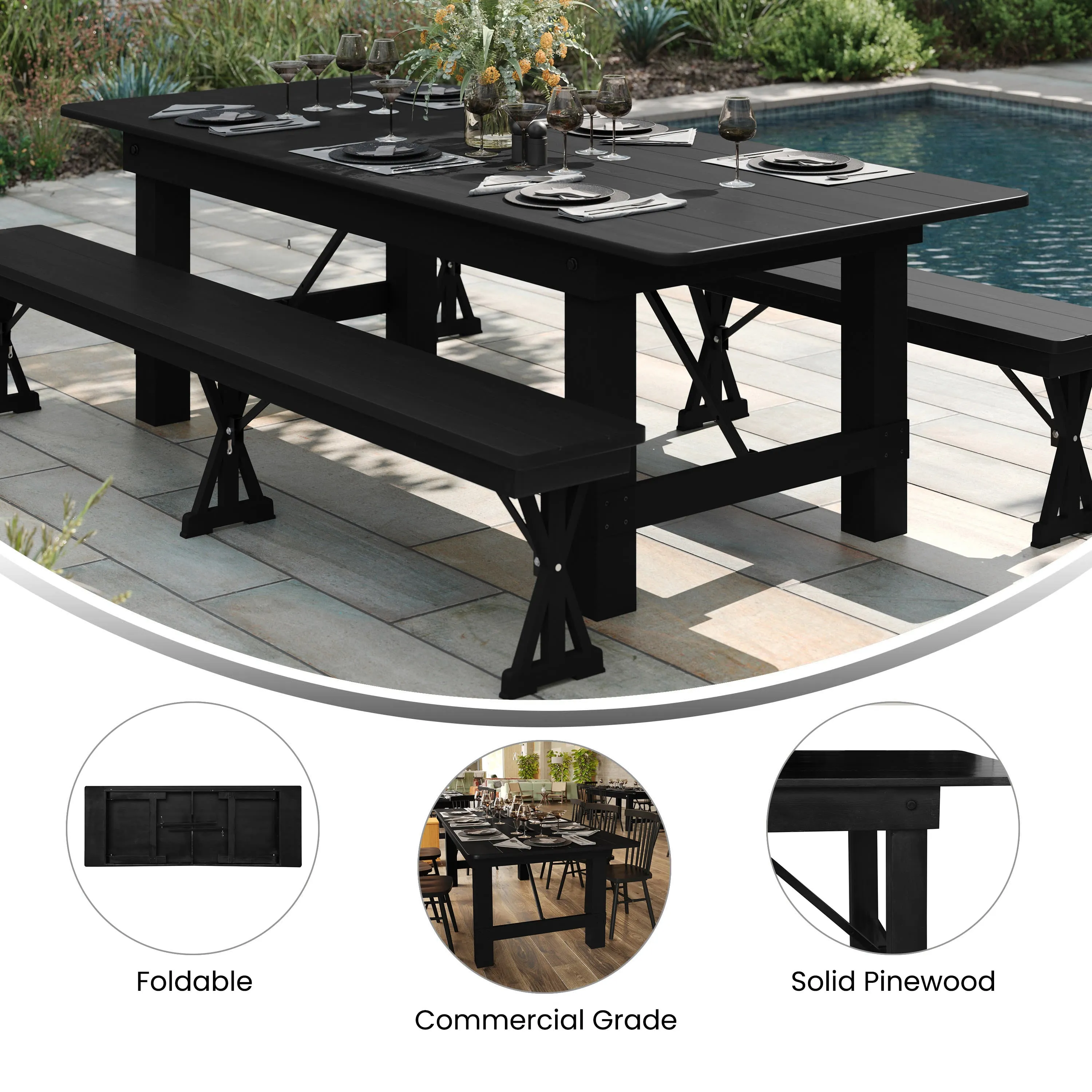 HERCULES Series 9' x 40" Rectangular Solid Pine Folding Farm Table