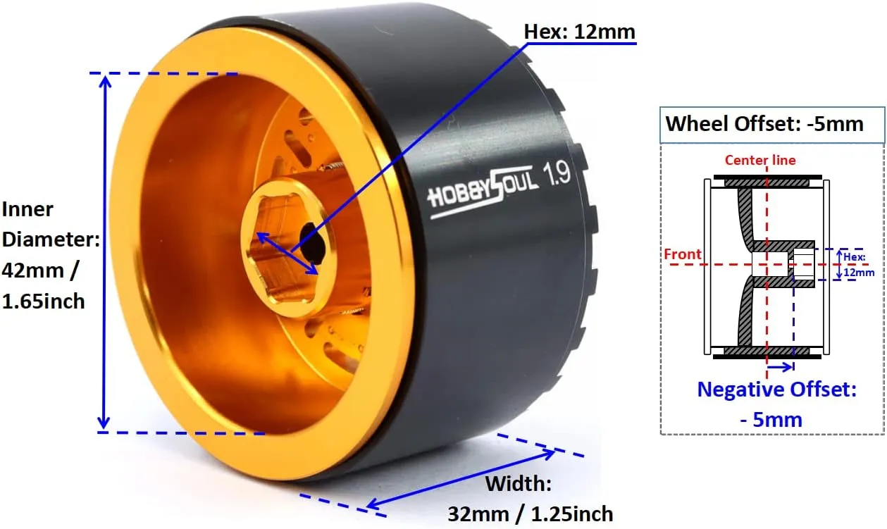 HOBBYSOUL Aluminum 1.9 Beadlock Wheels Wide 32mm / 1.25'' Hex 12mm Rims for 1/10 RC Crawler Truck TRX4 SCX10 Gen8 Upgrades,HS701095