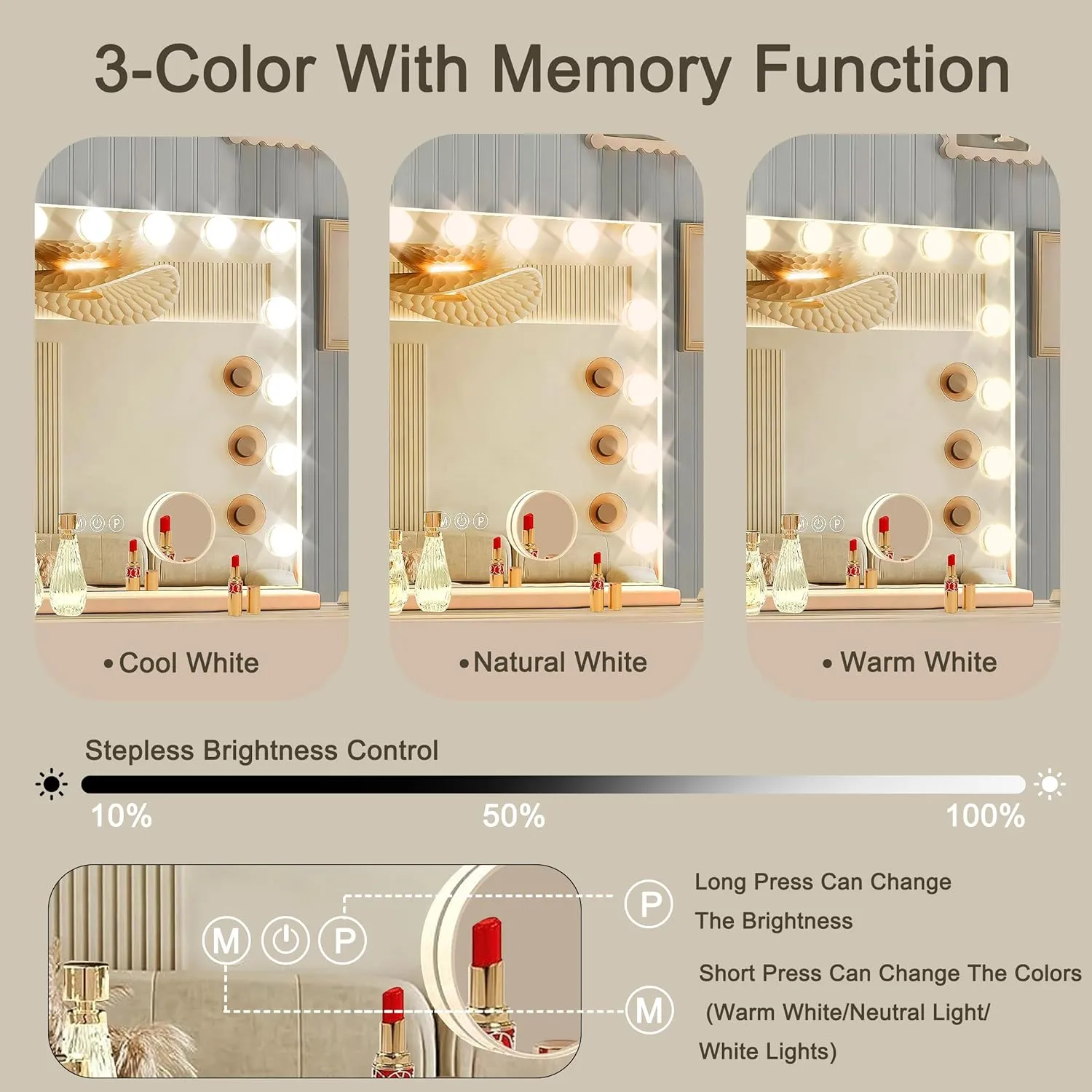 Hollywood Vanity Mirror with Lights, 15 Dimmable Bulbs，3 Color Lights，Make Up Lighted Mirror, Aluminum Metal Frame,USB Charging Port（23" x 18"）