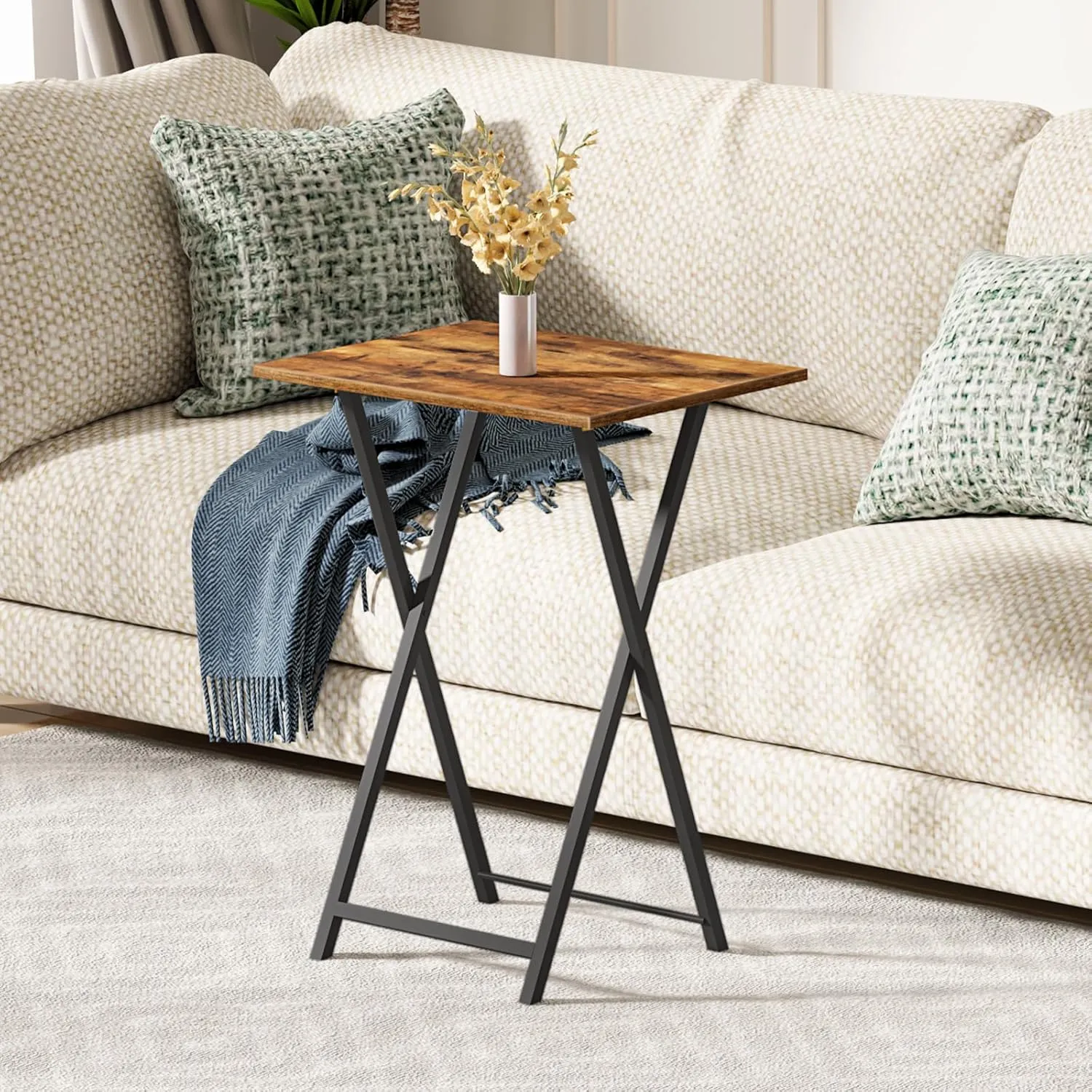 HOOBRO Folding TV Table, TV Tray, Stable Snack Table for Small Space, Portable Sofaside Desk, Easy Assembly and Storage, Ideal for Snacks and Meals in Living Room, Rustic Brown and Black BF15BZ01