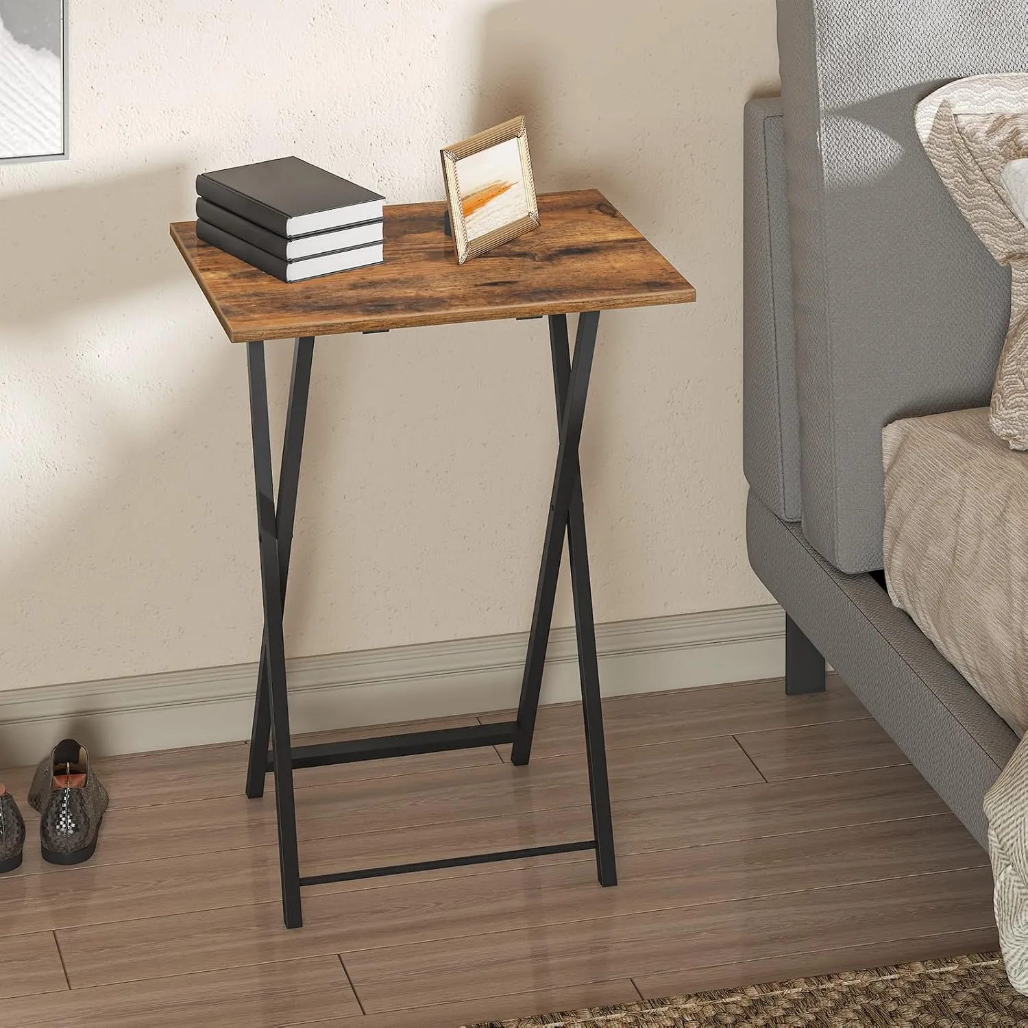 HOOBRO Folding TV Table, TV Tray, Stable Snack Table for Small Space, Portable Sofaside Desk, Easy Assembly and Storage, Ideal for Snacks and Meals in Living Room, Rustic Brown and Black BF15BZ01