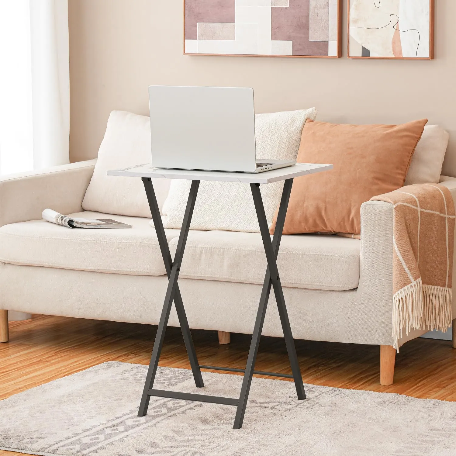 HOOBRO Folding TV Tray, Stable Snack Table for Small Space, Portable Sofa Side Table, Easy Assembly and Storage, Ideal for Snacks and Meals in Living Room, Marble and Black BW15BZ01