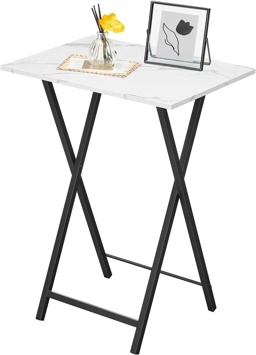 HOOBRO Folding TV Tray, Stable Snack Table for Small Space, Portable Sofa Side Table, Easy Assembly and Storage, Ideal for Snacks and Meals in Living Room, Marble and Black BW15BZ01
