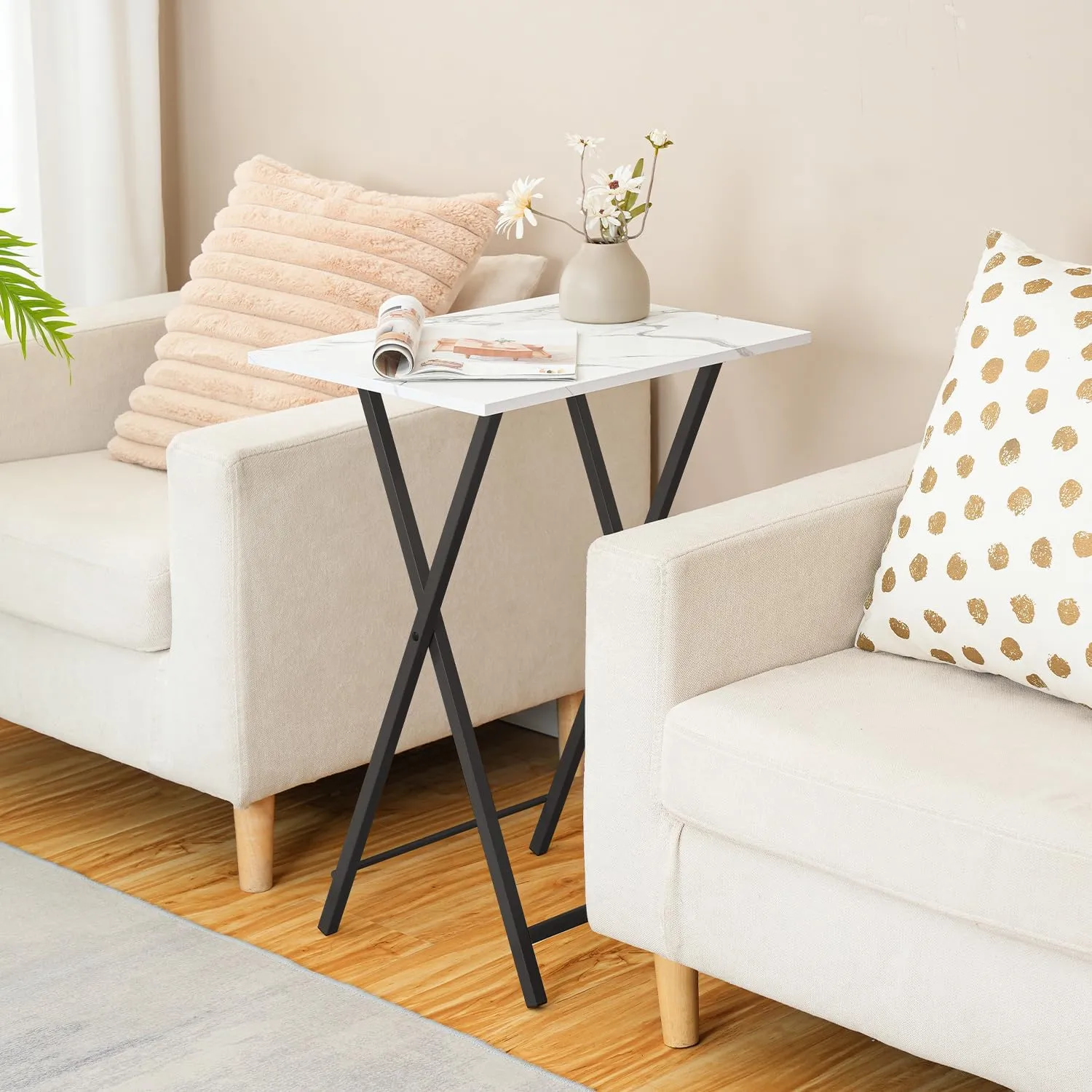 HOOBRO Folding TV Tray, Stable Snack Table for Small Space, Portable Sofa Side Table, Easy Assembly and Storage, Ideal for Snacks and Meals in Living Room, Marble and Black BW15BZ01