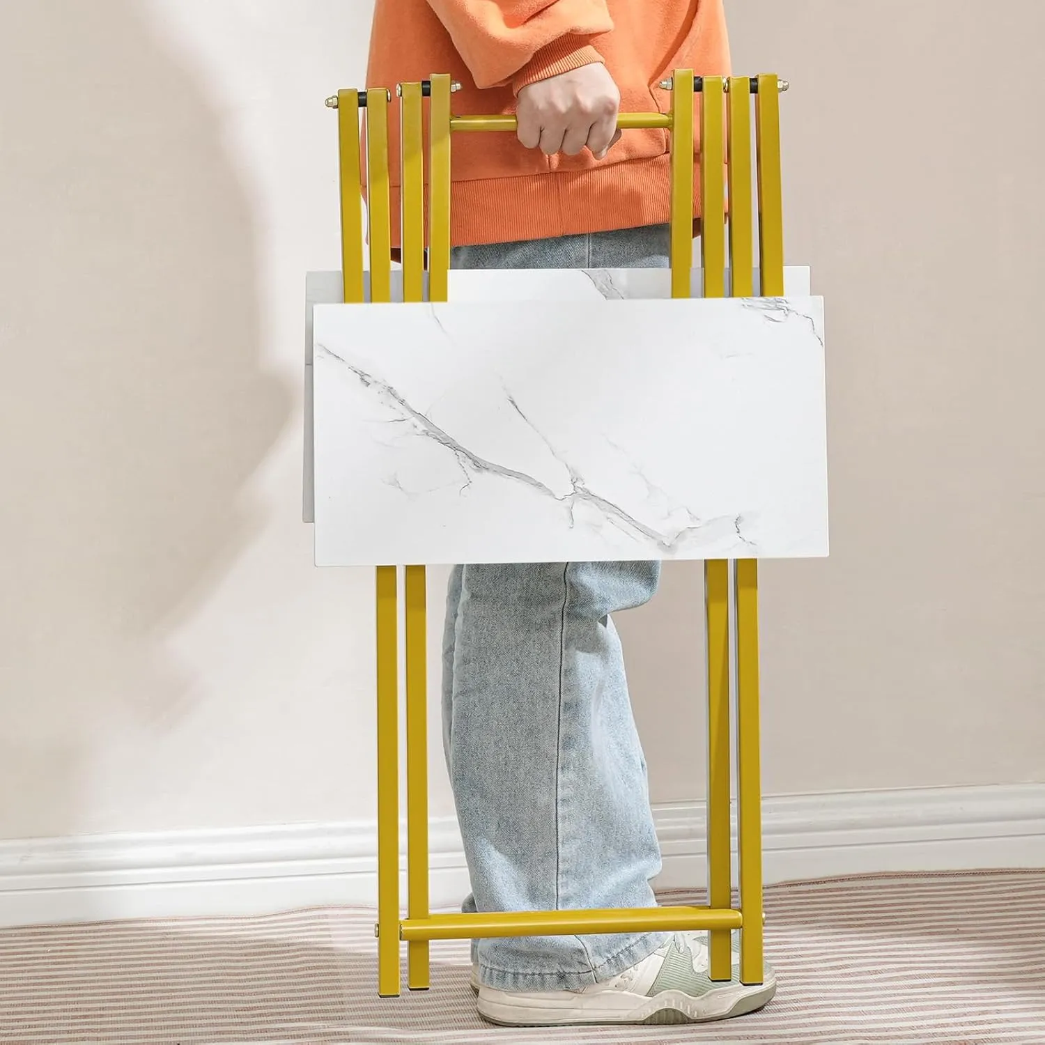 HOOBRO Folding TV Tray Table, Wooden TV Tray, Portable Sofa Side Snack Table, Industrial Desk for Small Spaces, Space-Saving, Easy to Install and Fold, Marble and Gold DM27BZ01