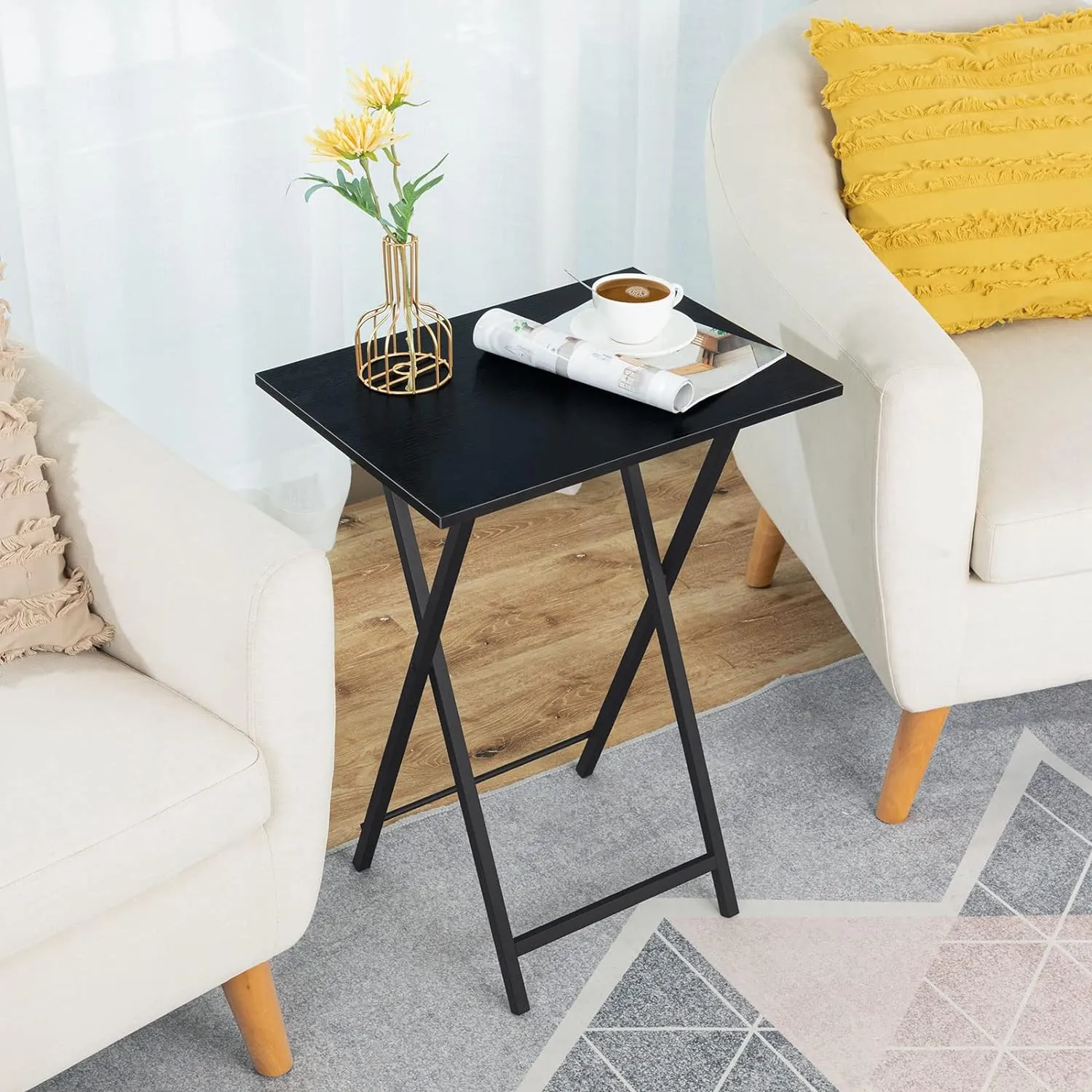 HOOBRO Folding TV Tray Tables, Set of 2 Side Tables for Small Space, Industrial Snack Desk for Eating at Couch, Stable Metal Frame, Easy Assembly, Space Saving, Black BK25BZ01