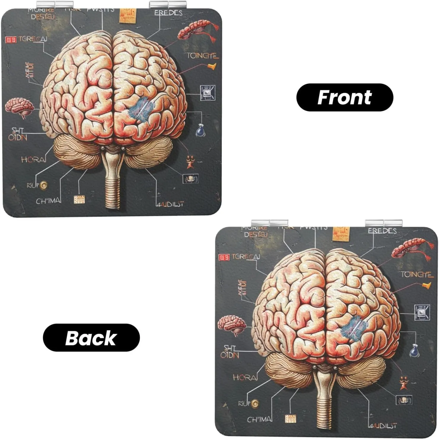 Human Brain Printed Square Pocket Makeup Mirror with 1X/2X Magnification, Portable Mini Travel Makeup Mirror for Travel Daily Work Beauty