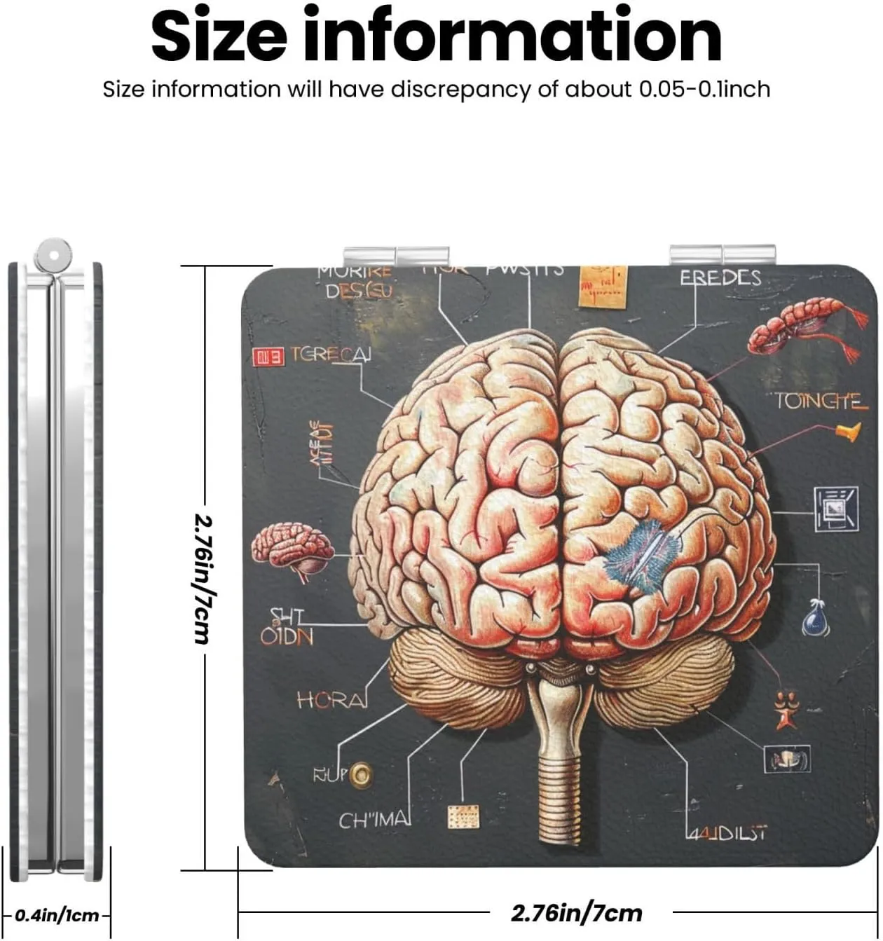 Human Brain Printed Square Pocket Makeup Mirror with 1X/2X Magnification, Portable Mini Travel Makeup Mirror for Travel Daily Work Beauty