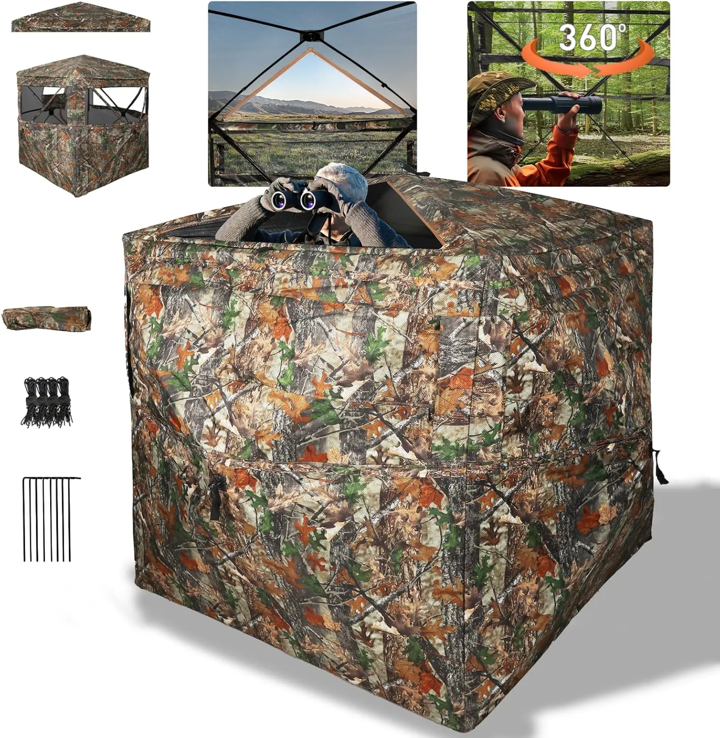 Hunting Blind Top See Through with Skylight and Roof Cover, 360 Degree View Ground Blind for Hunting, 2/3 Person Pop Up Camouflage Deer/Turkey Tent