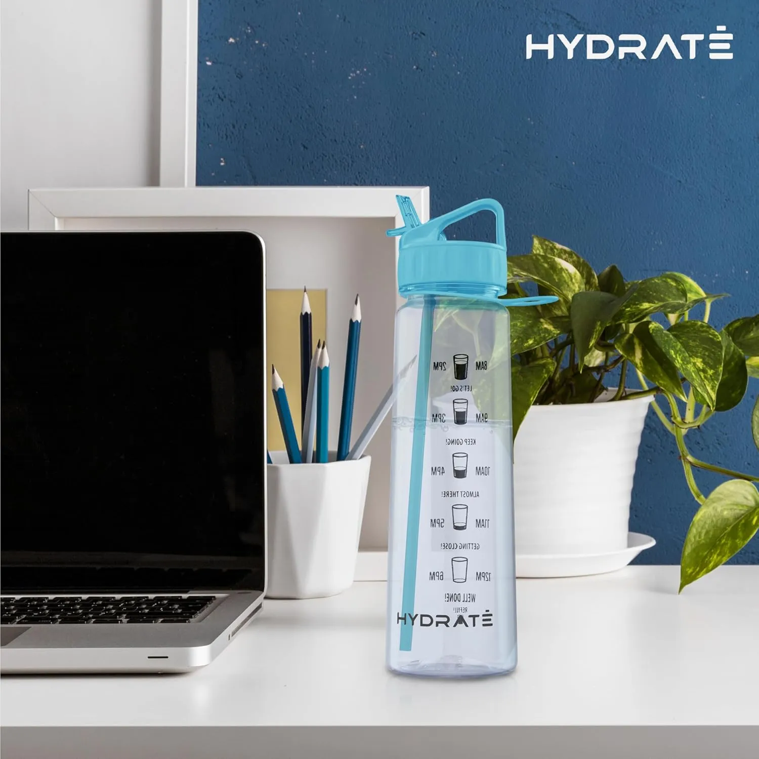 HYDRATE Motivational 900ml Straw Water Bottle – with Time Markings, BPA-Free (Sky Blue)