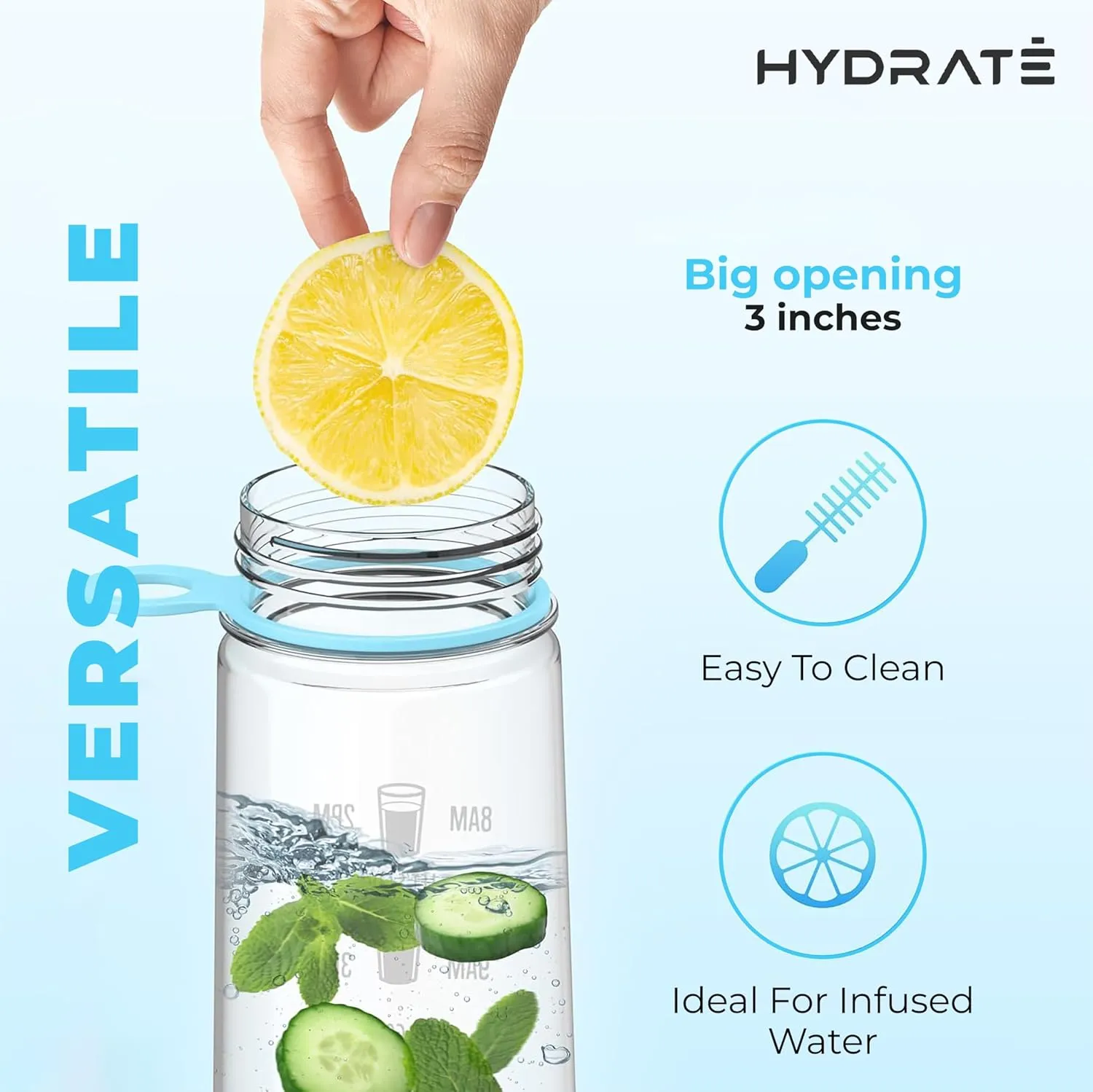 HYDRATE Motivational 900ml Straw Water Bottle – with Time Markings, BPA-Free (Sky Blue)