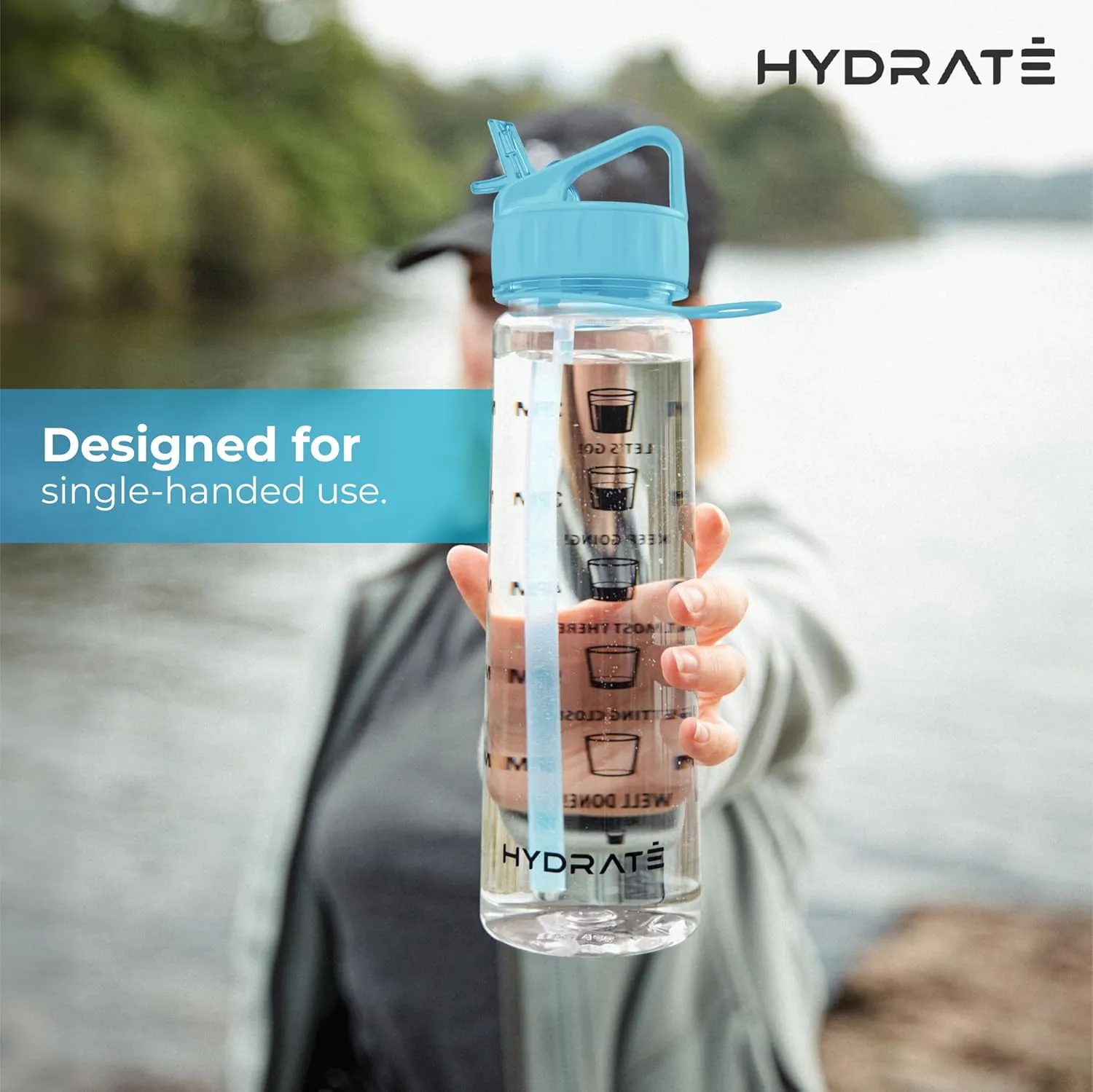 HYDRATE Motivational 900ml Straw Water Bottle – with Time Markings, BPA-Free (Sky Blue)