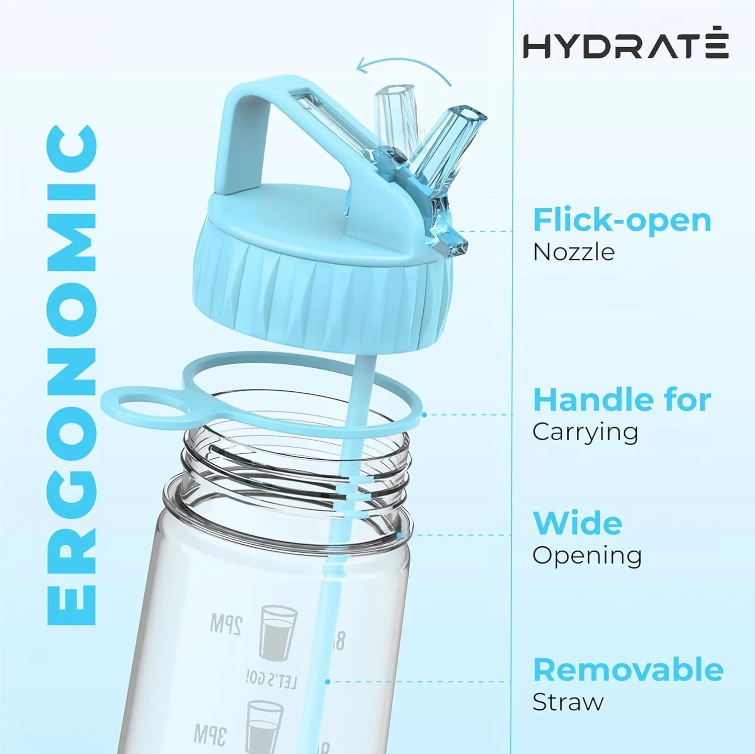 HYDRATE Motivational 900ml Straw Water Bottle – with Time Markings, BPA-Free (Sky Blue)