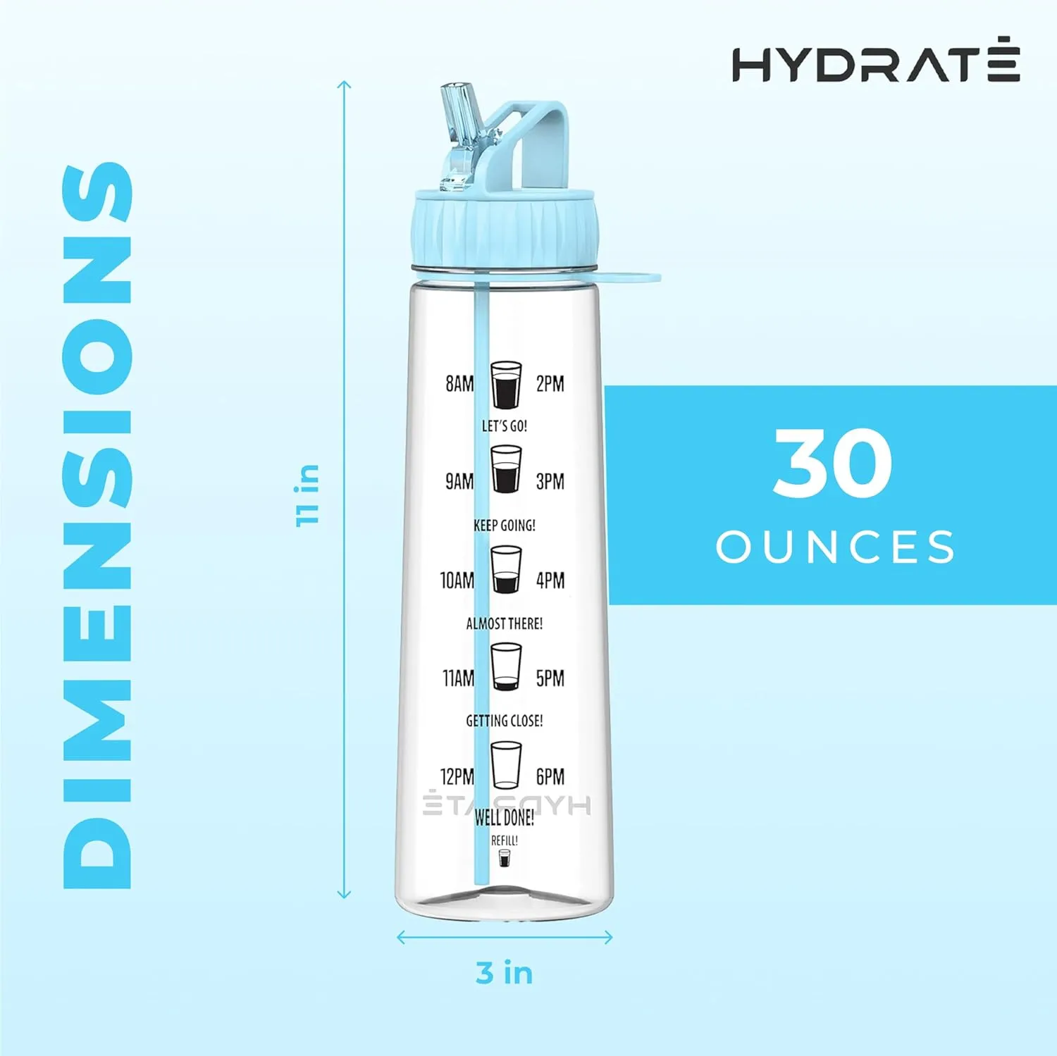 HYDRATE Motivational 900ml Straw Water Bottle – with Time Markings, BPA-Free (Sky Blue)