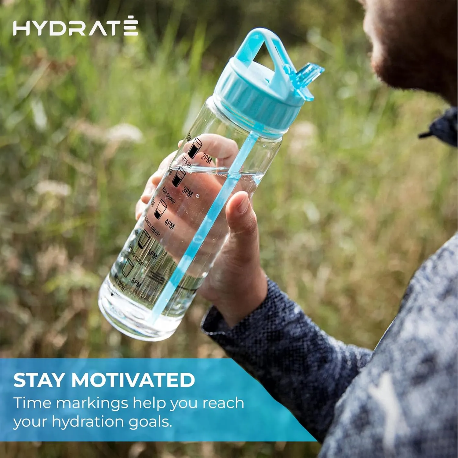 HYDRATE Motivational 900ml Straw Water Bottle – with Time Markings, BPA-Free (Sky Blue)