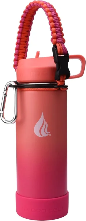 HYDRO CELL Stainless Steel Water Bottle w/Straw & Wide Mouth Lids (Coral/Punch 18oz with Punch Protective Silicone Bottom Boot, Coral/Punch Paracord Handle and Coral Sports Cap w/Straw)