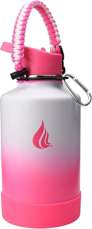 HYDRO CELL Stainless Steel Water Bottle w/Straw & Wide Mouth Lids (White/Pink 64oz with Pink Protective Silicone Bottom Boot, White/Pink Paracord Handle and Pink Sports Cap w/Straw)