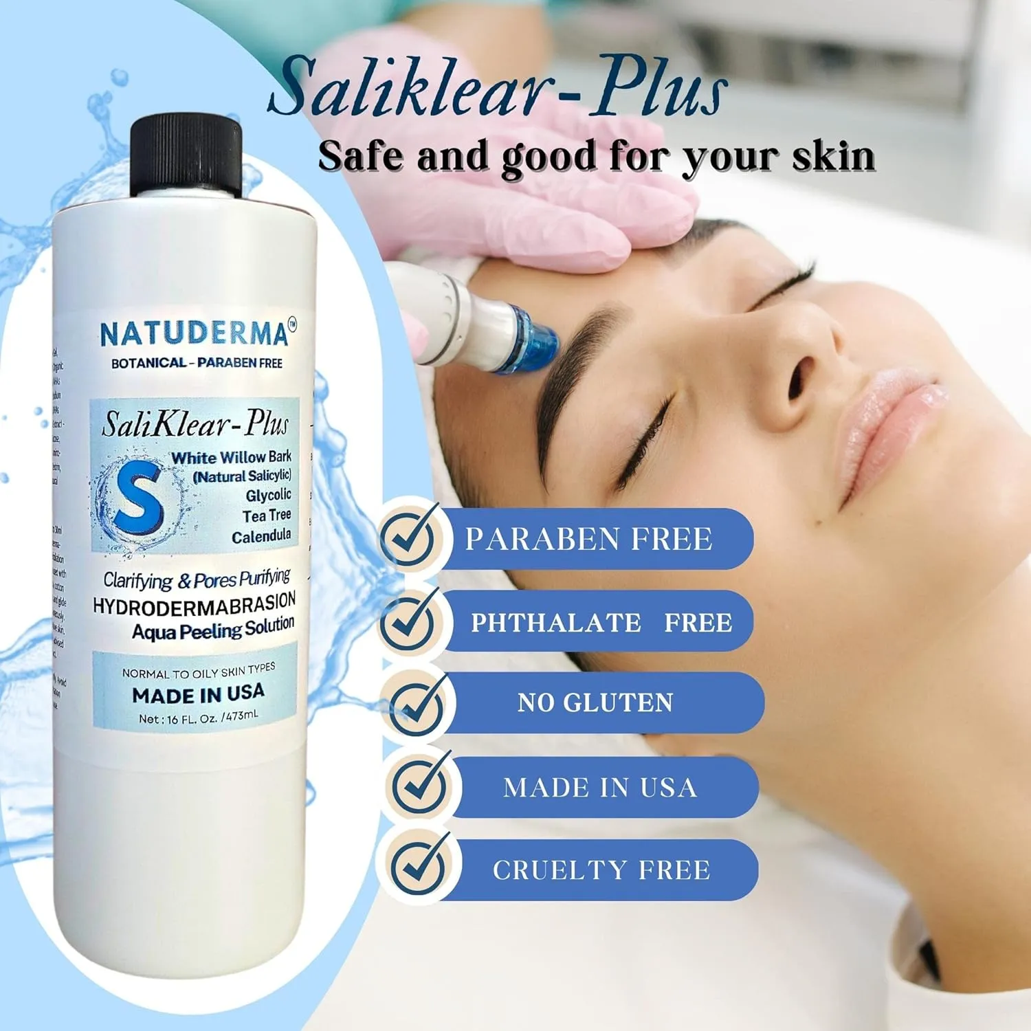 Hydrodermabrasion Serum SALIKLEAR, Extraction - Exfoliation -Unclog Pores Solution for Wet Microdermabrasion or Aqua Peeling machine, 16 oz. by Natuderma.