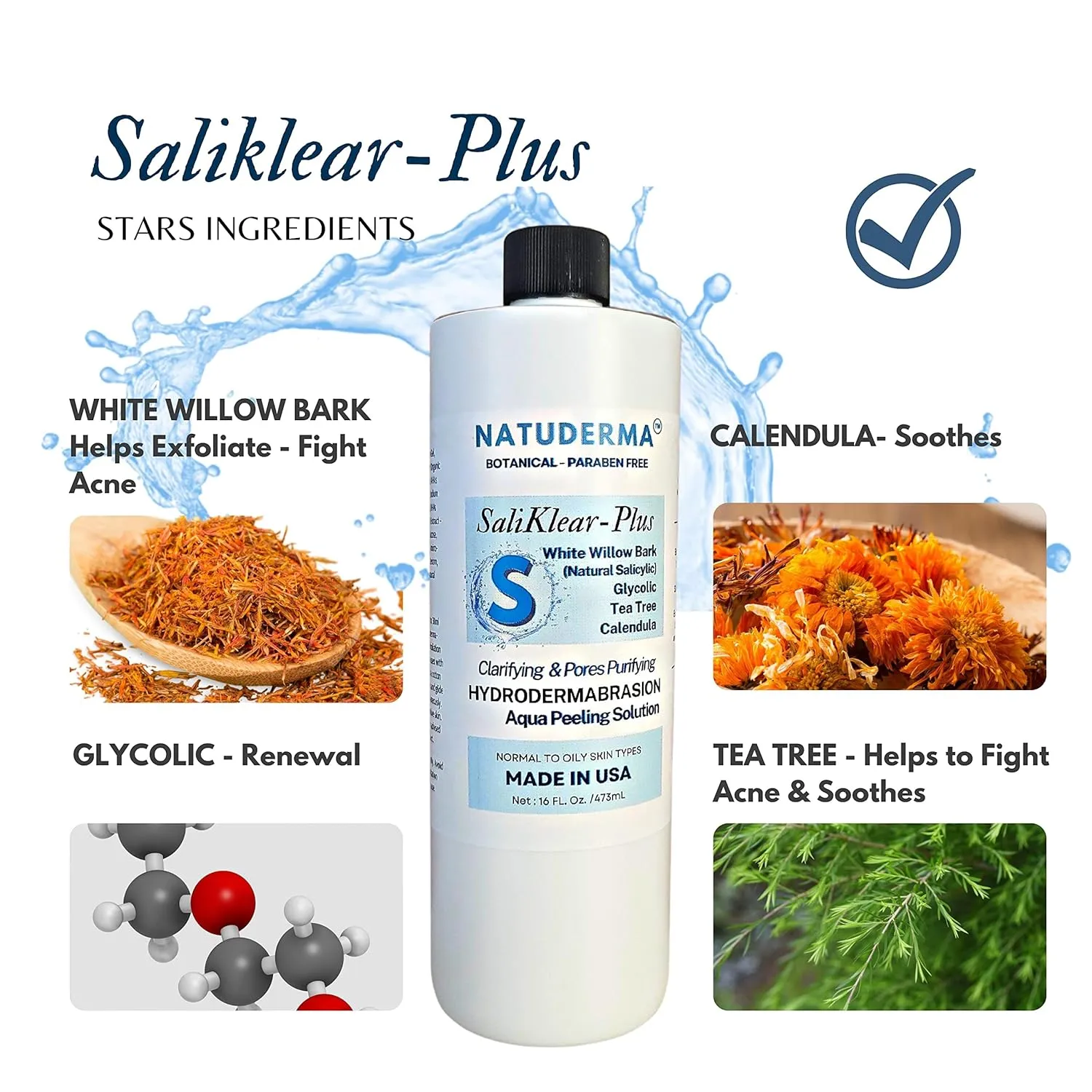 Hydrodermabrasion Serum SALIKLEAR, Extraction - Exfoliation -Unclog Pores Solution for Wet Microdermabrasion or Aqua Peeling machine, 16 oz. by Natuderma.