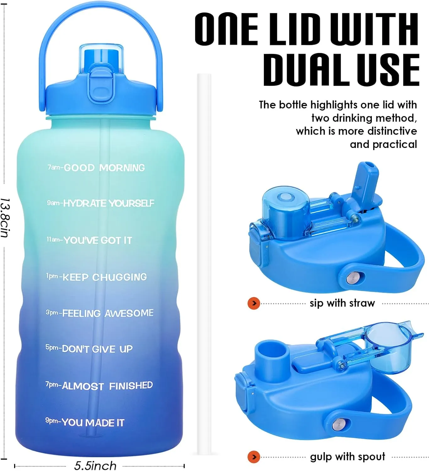 HydroPal 1 Gallon Water Bottles with Straw, 128 oz / 3.8L Water Bottle BPA Free Innovative 2-IN-1 Lid Gym Bottle with Times to Drink Motivational, Large for Sports Fitness Camping Water Jug One Gallon