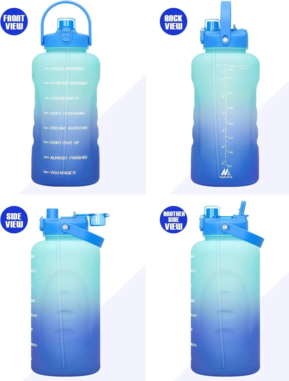 HydroPal 1 Gallon Water Bottles with Straw, 128 oz / 3.8L Water Bottle BPA Free Innovative 2-IN-1 Lid Gym Bottle with Times to Drink Motivational, Large for Sports Fitness Camping Water Jug One Gallon