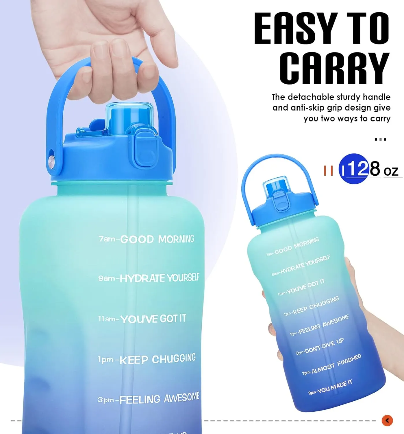 HydroPal 1 Gallon Water Bottles with Straw, 128 oz / 3.8L Water Bottle BPA Free Innovative 2-IN-1 Lid Gym Bottle with Times to Drink Motivational, Large for Sports Fitness Camping Water Jug One Gallon