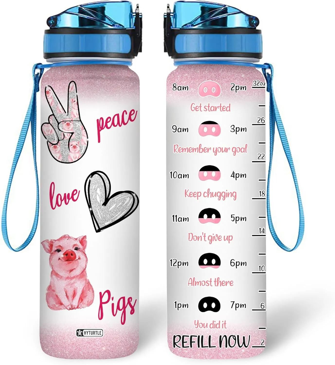 Hyturtle Peace Love Pig 32Oz Liter Motivational Water Bottle With Time Marker, Gift For Women Girls Friends Kids Family Pig Lovers On Birthday Mother's Day Anniversary