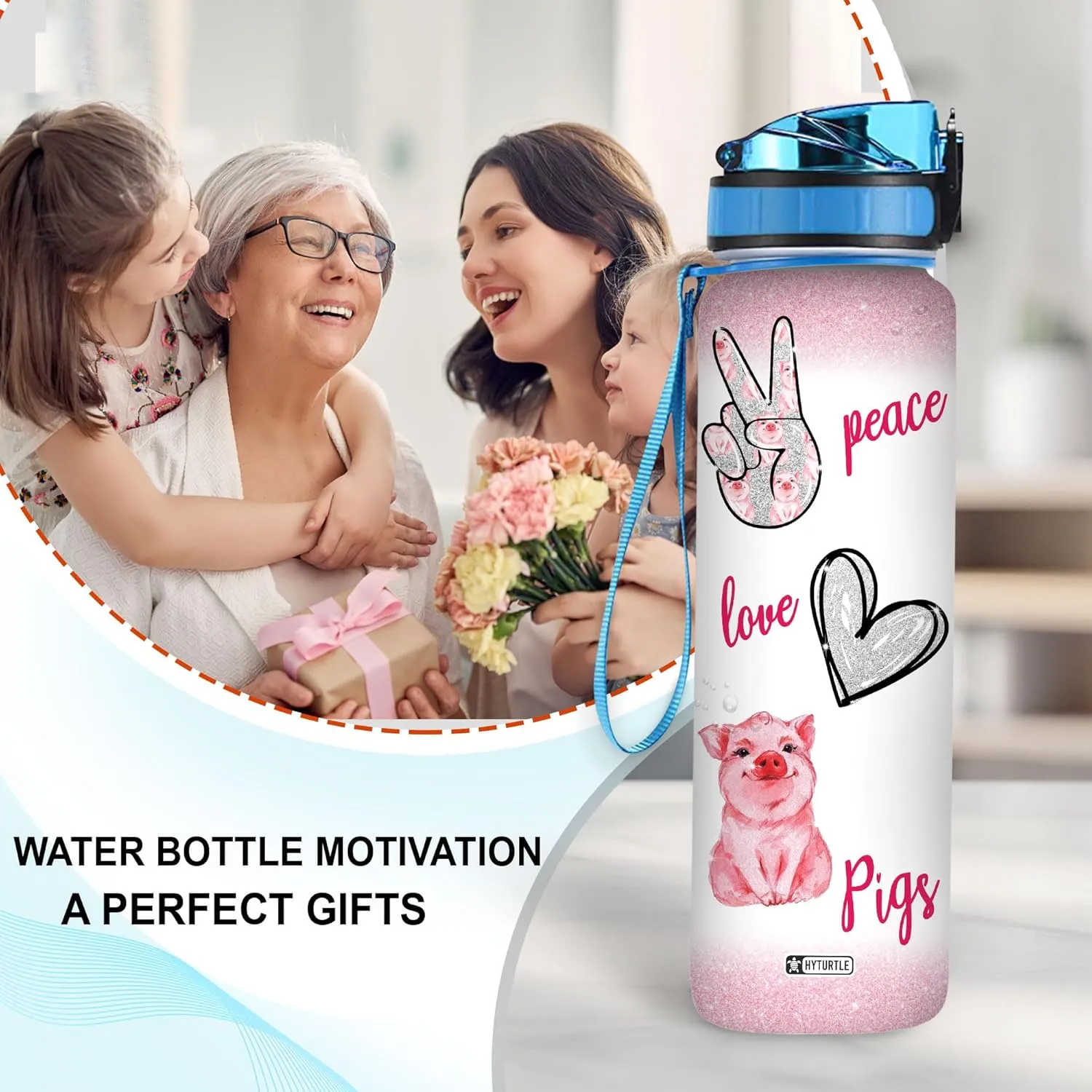 Hyturtle Peace Love Pig 32Oz Liter Motivational Water Bottle With Time Marker, Gift For Women Girls Friends Kids Family Pig Lovers On Birthday Mother's Day Anniversary