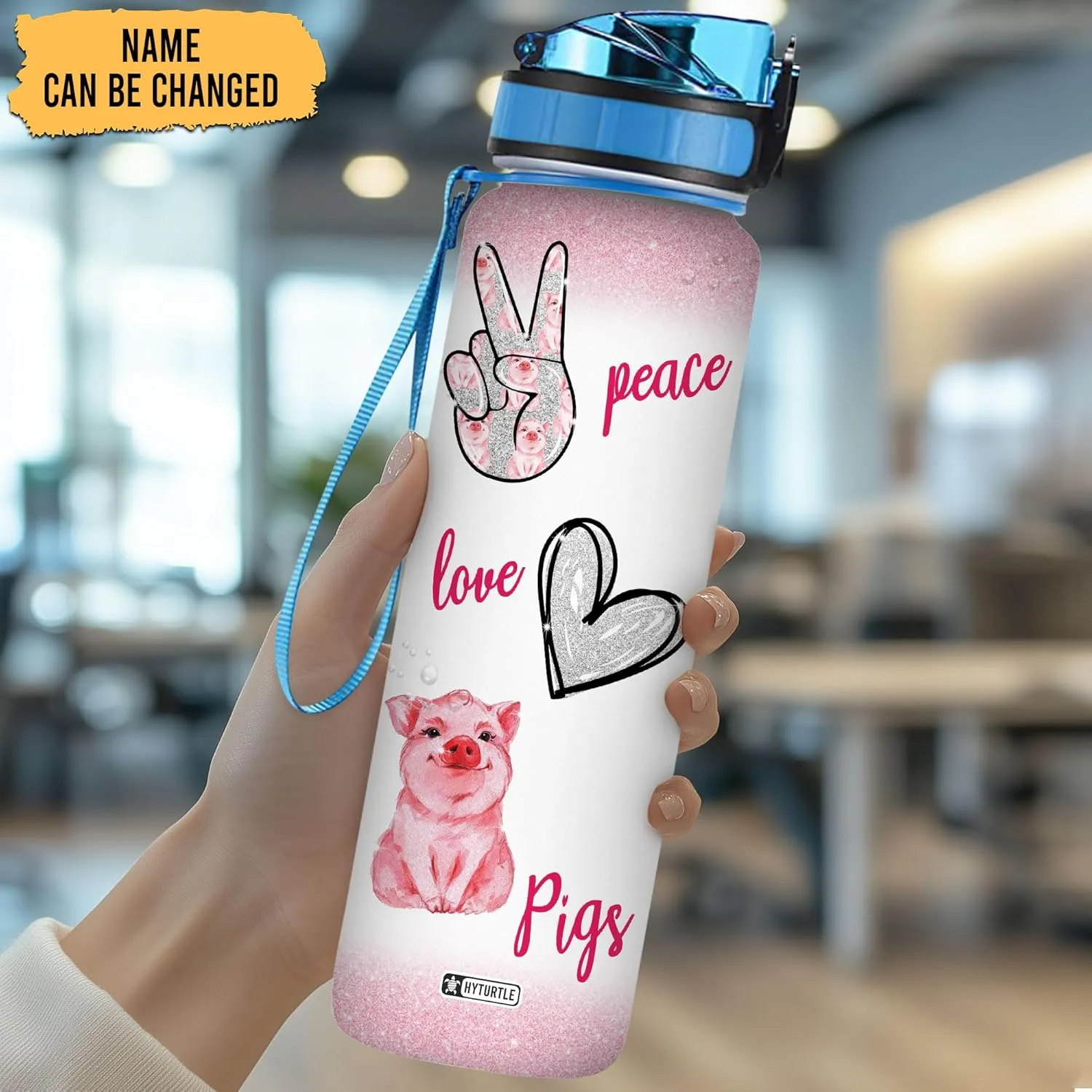 Hyturtle Peace Love Pig 32Oz Liter Motivational Water Bottle With Time Marker, Gift For Women Girls Friends Kids Family Pig Lovers On Birthday Mother's Day Anniversary