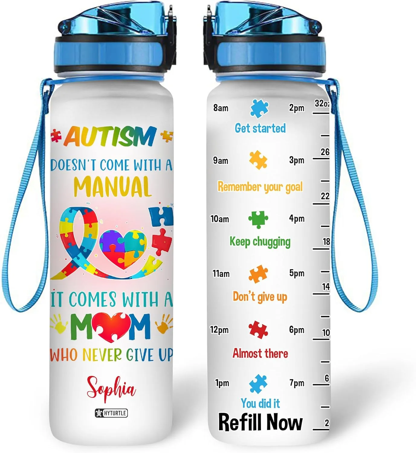 Hyturtle Personalized Autism Water Bottle - 32oz Motivational Water Bottle with Leak-Proof Lid & Time Marker - Custom Name Gift for Women & Kids - Gift for Autism Awareness Month, Birthday