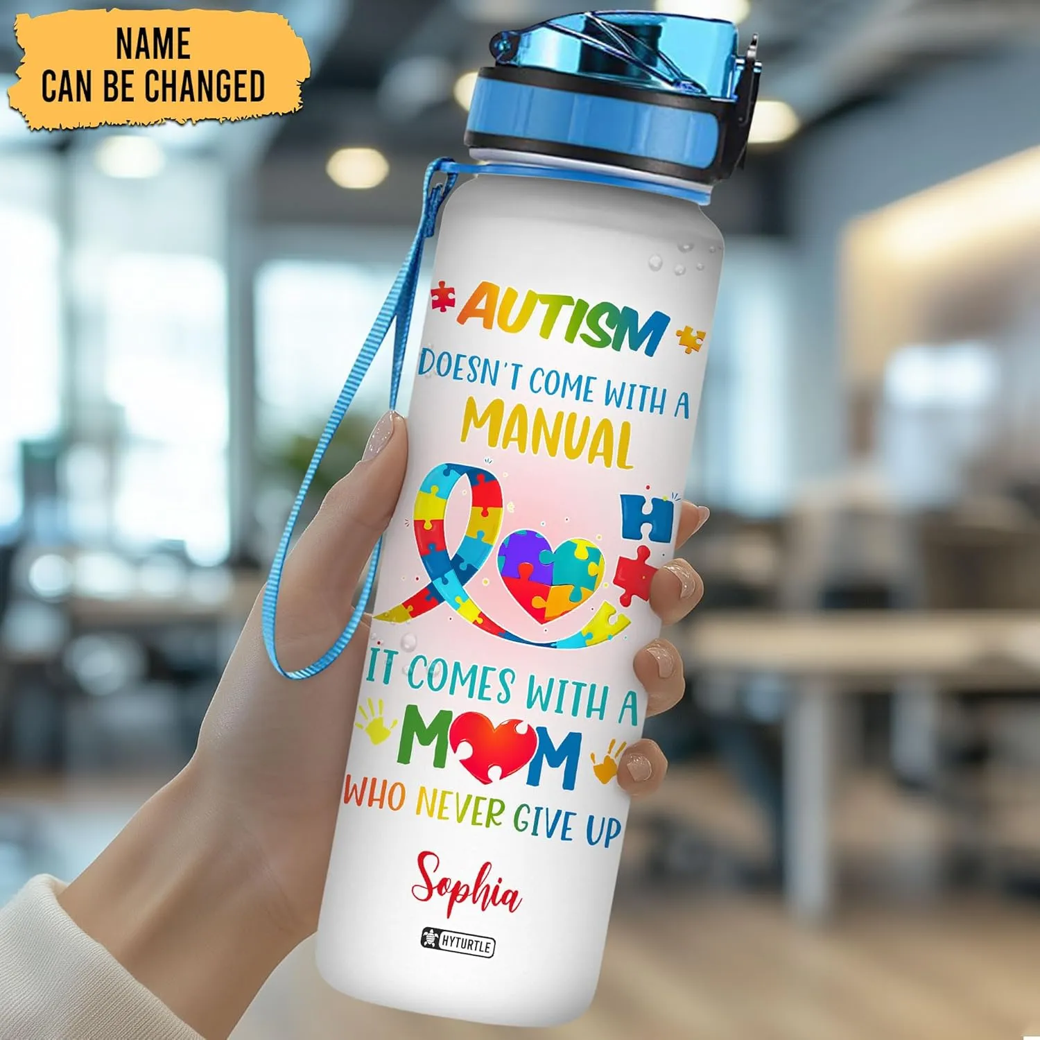 Hyturtle Personalized Autism Water Bottle - 32oz Motivational Water Bottle with Leak-Proof Lid & Time Marker - Custom Name Gift for Women & Kids - Gift for Autism Awareness Month, Birthday