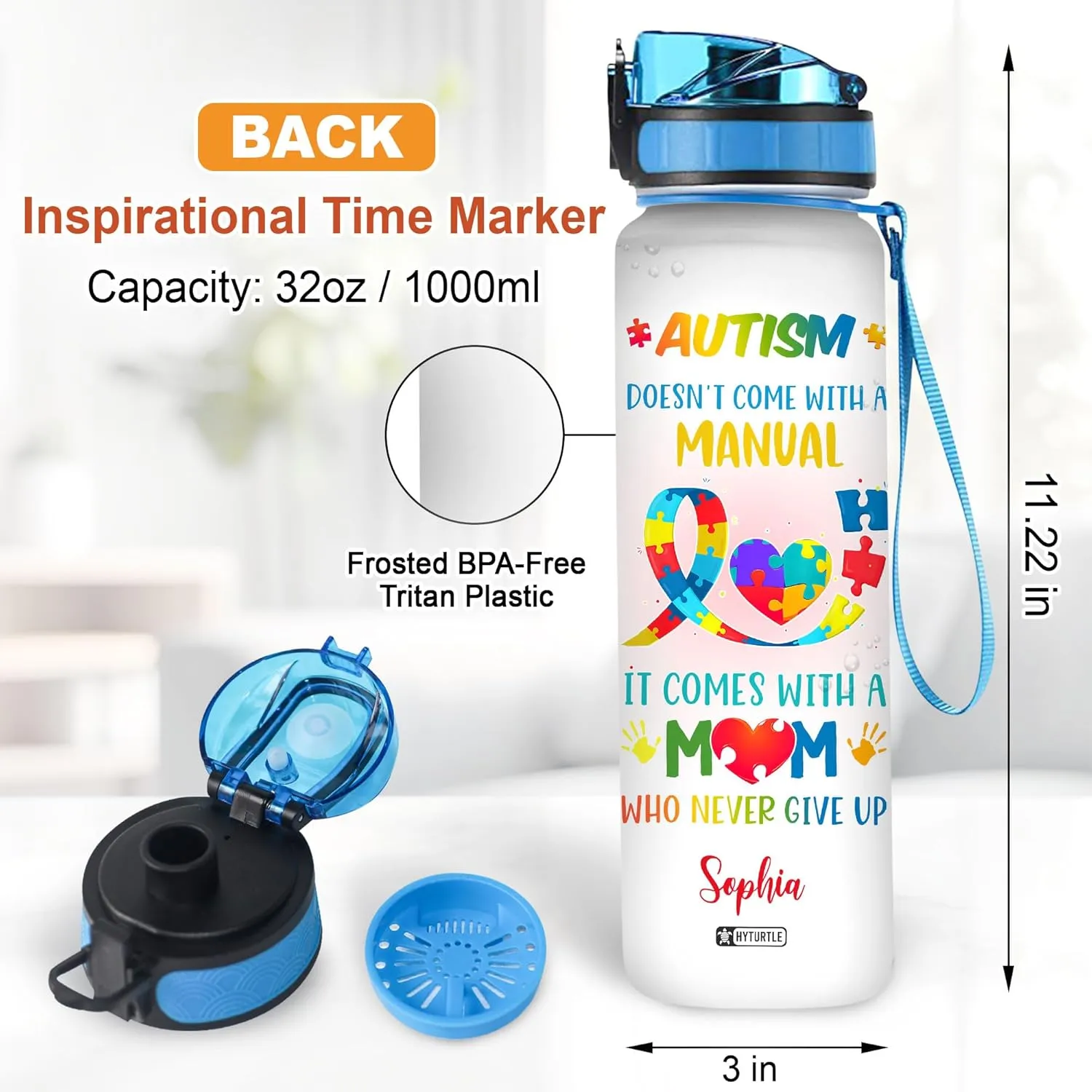 Hyturtle Personalized Autism Water Bottle - 32oz Motivational Water Bottle with Leak-Proof Lid & Time Marker - Custom Name Gift for Women & Kids - Gift for Autism Awareness Month, Birthday