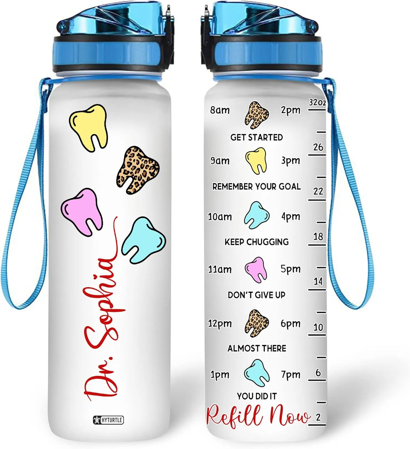 Hyturtle Personalized Dentist 32Oz Liter Motivational Water Bottle, Tooth Dental Customized Name Water Bottle With Time Marker - Dental Assistant Hygienist Gifts For Women On Birthday, Mother Day's
