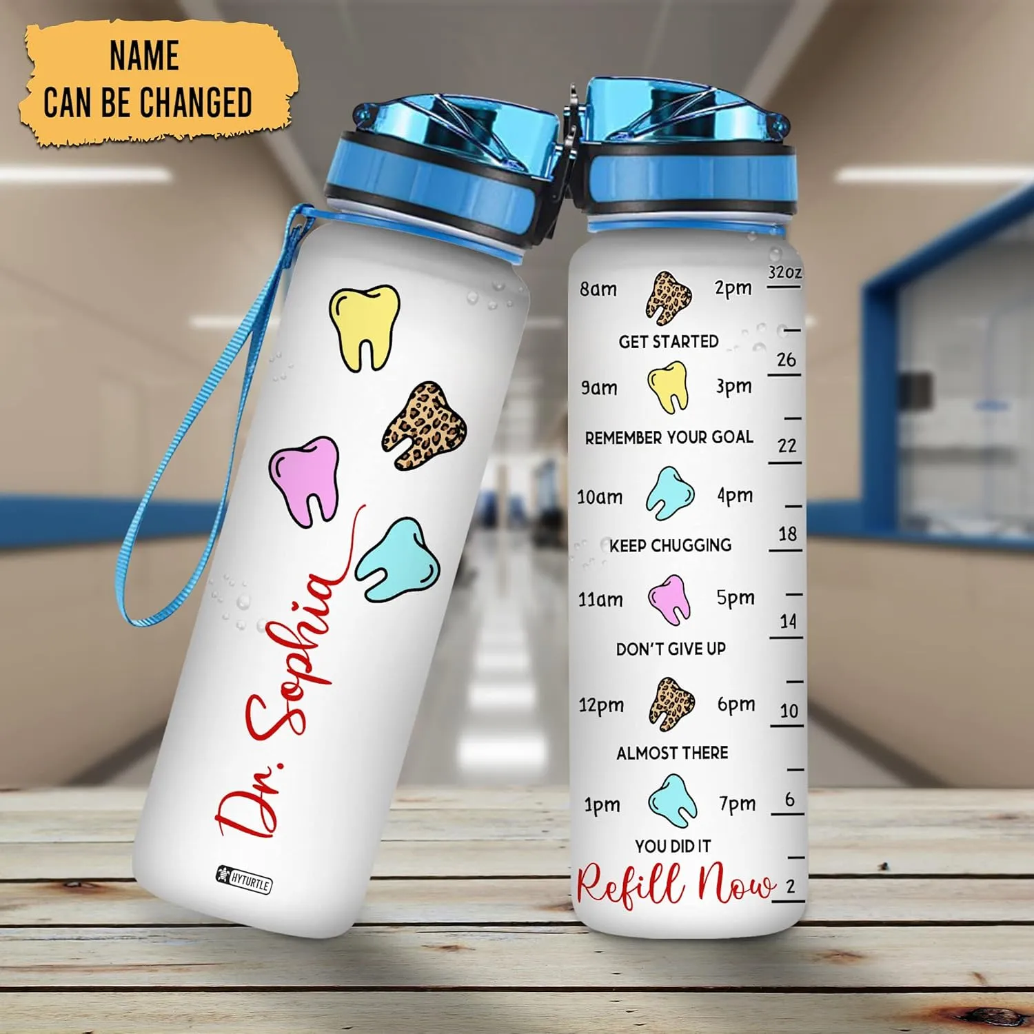 Hyturtle Personalized Dentist 32Oz Liter Motivational Water Bottle, Tooth Dental Customized Name Water Bottle With Time Marker - Dental Assistant Hygienist Gifts For Women On Birthday, Mother Day's