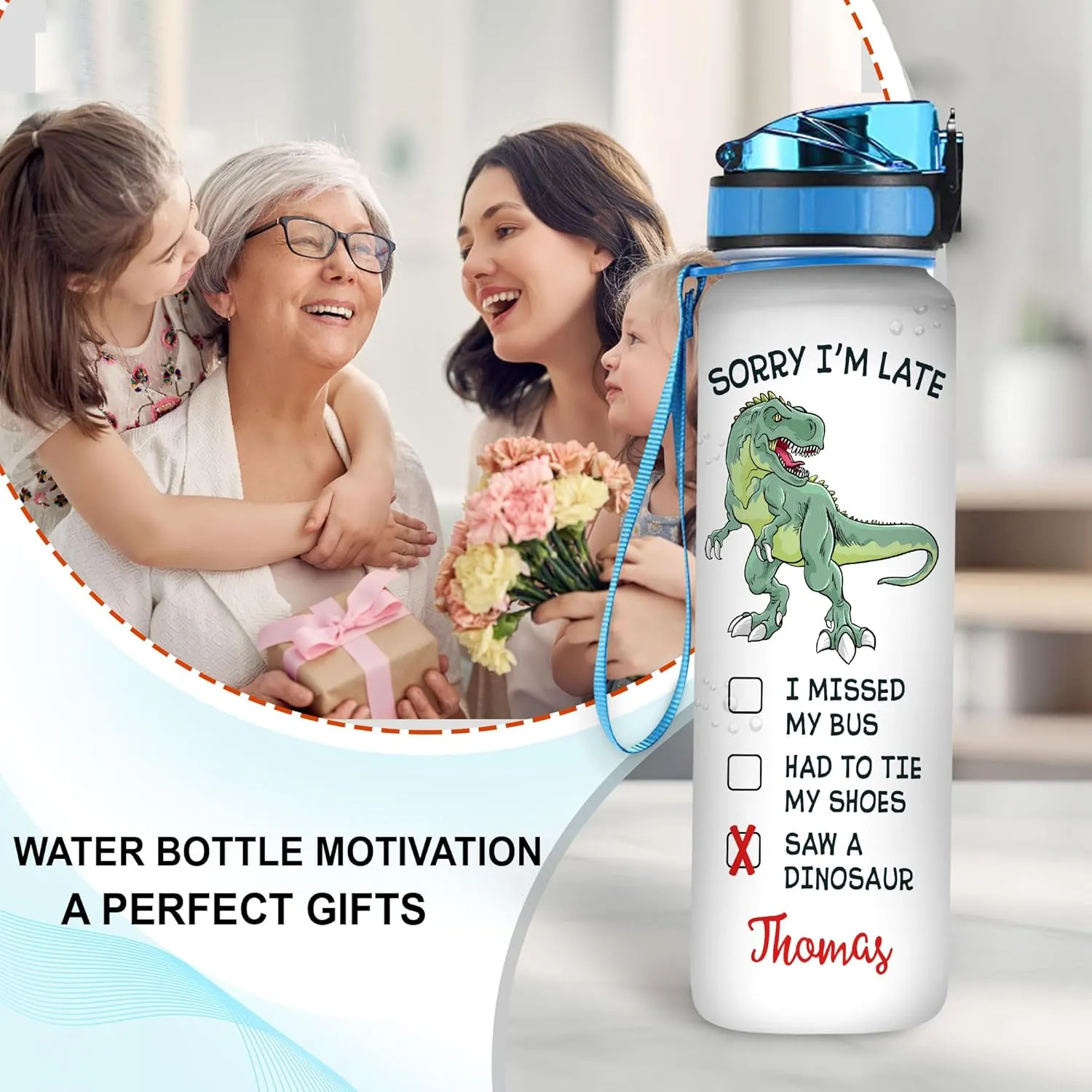 Hyturtle Personalized Dinosaur Lovers 32 Oz 1Liter Motivational Water Bottle, Sorry I'm Late Customized Name Water Bottle With Time Marker, Dino Bottle Gifts For Women Girl Kid On Birthday, Christmas