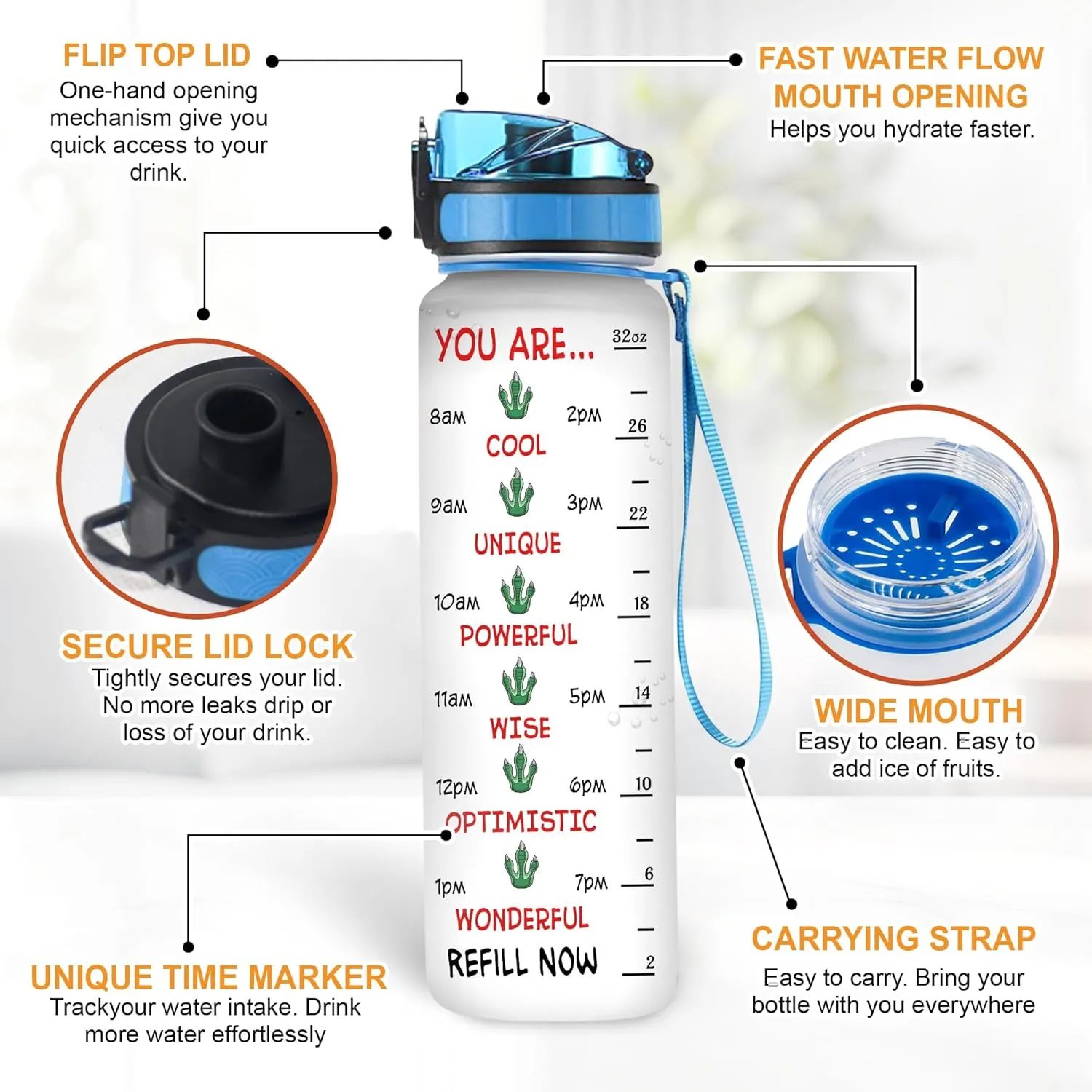 Hyturtle Personalized Dinosaur Lovers 32 Oz 1Liter Motivational Water Bottle, Sorry I'm Late Customized Name Water Bottle With Time Marker, Dino Bottle Gifts For Women Girl Kid On Birthday, Christmas
