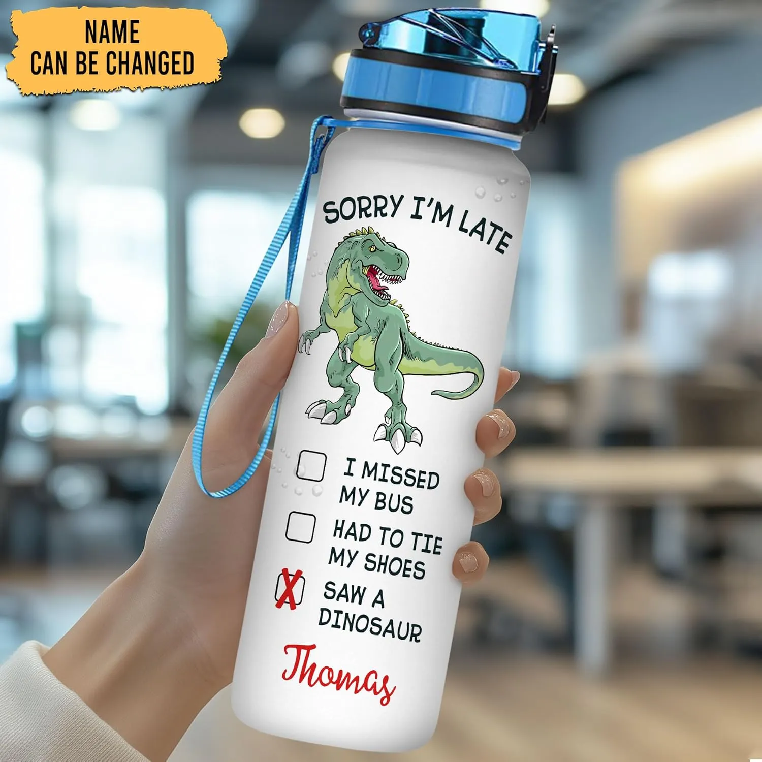 Hyturtle Personalized Dinosaur Lovers 32 Oz 1Liter Motivational Water Bottle, Sorry I'm Late Customized Name Water Bottle With Time Marker, Dino Bottle Gifts For Women Girl Kid On Birthday, Christmas