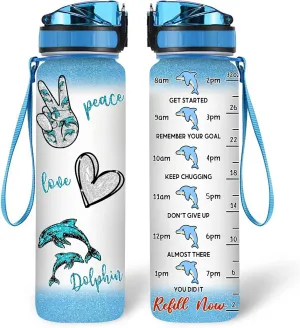 Hyturtle Personalized Dolphin Lovers 32Oz Liter Motivational Water Bottle, Peace Love Dolphin Customized Name Water Bottle With Time Marker Gift For Women Girl On Birthday, Mother Day's