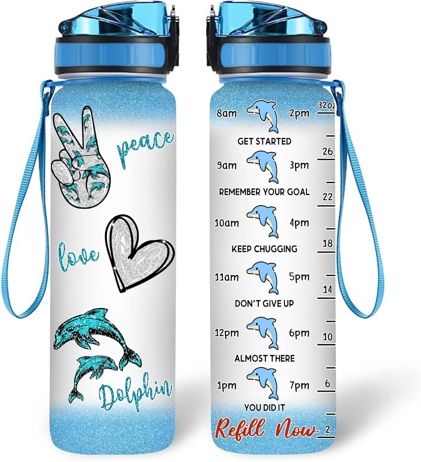 Hyturtle Personalized Dolphin Lovers 32Oz Liter Motivational Water Bottle, Peace Love Dolphin Customized Name Water Bottle With Time Marker Gift For Women Girl On Birthday, Mother Day's