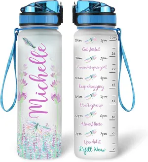 Hyturtle Personalized Glitter Dragonfly 32Oz Liter Motivational Water Bottle, Customized Name With Time Marker, Gifts For Women Girls Friends Family Dragonfly Lovers On Birthday Mother's Day