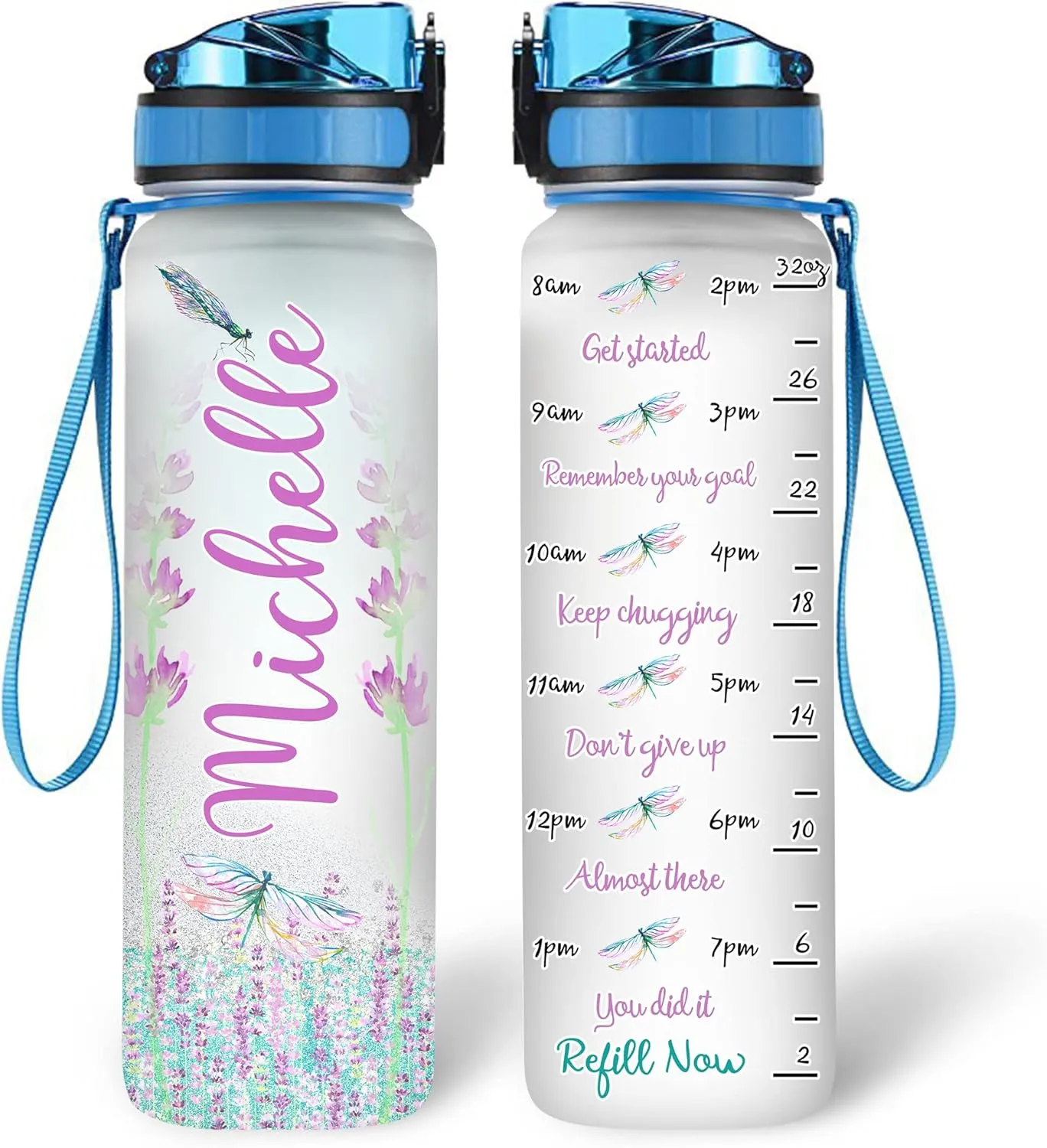 Hyturtle Personalized Glitter Dragonfly 32Oz Liter Motivational Water Bottle, Customized Name With Time Marker, Gifts For Women Girls Friends Family Dragonfly Lovers On Birthday Mother's Day