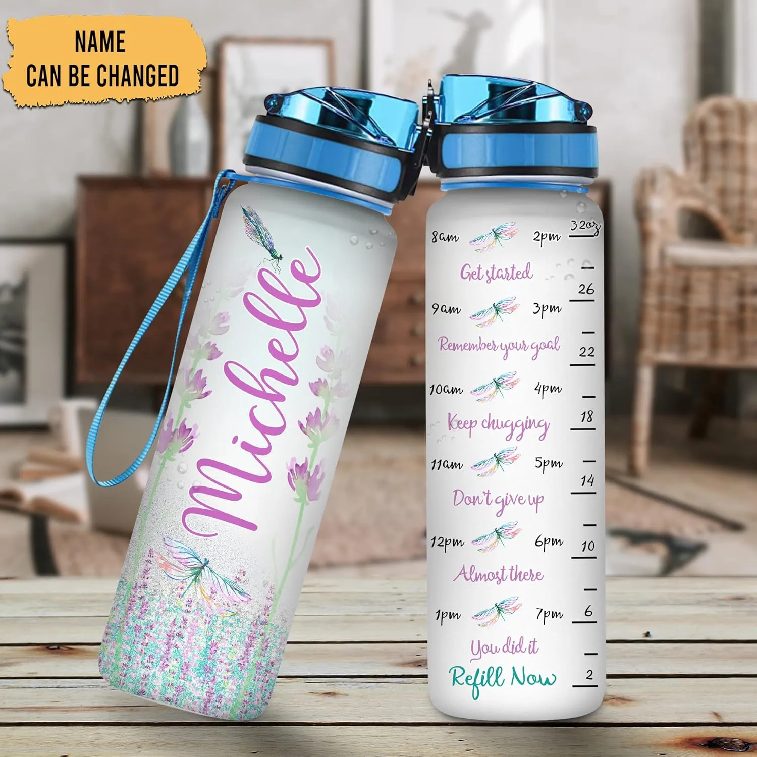 Hyturtle Personalized Glitter Dragonfly 32Oz Liter Motivational Water Bottle, Customized Name With Time Marker, Gifts For Women Girls Friends Family Dragonfly Lovers On Birthday Mother's Day