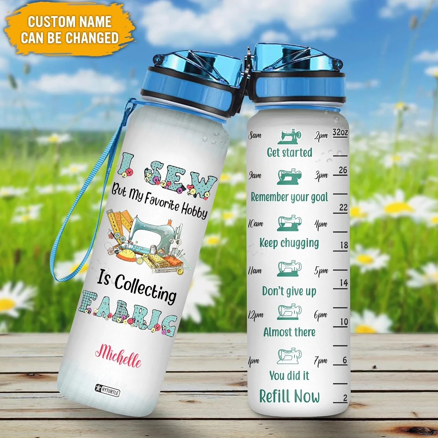 Hyturtle Personalized I Sew But My Favorite Hobby Is Collecting Fabric 32Oz Liter Motivational Water Bottle, Customized Name With Time Marker, Gifts For Women Girls Sewers Sewing Lovers On Birthday