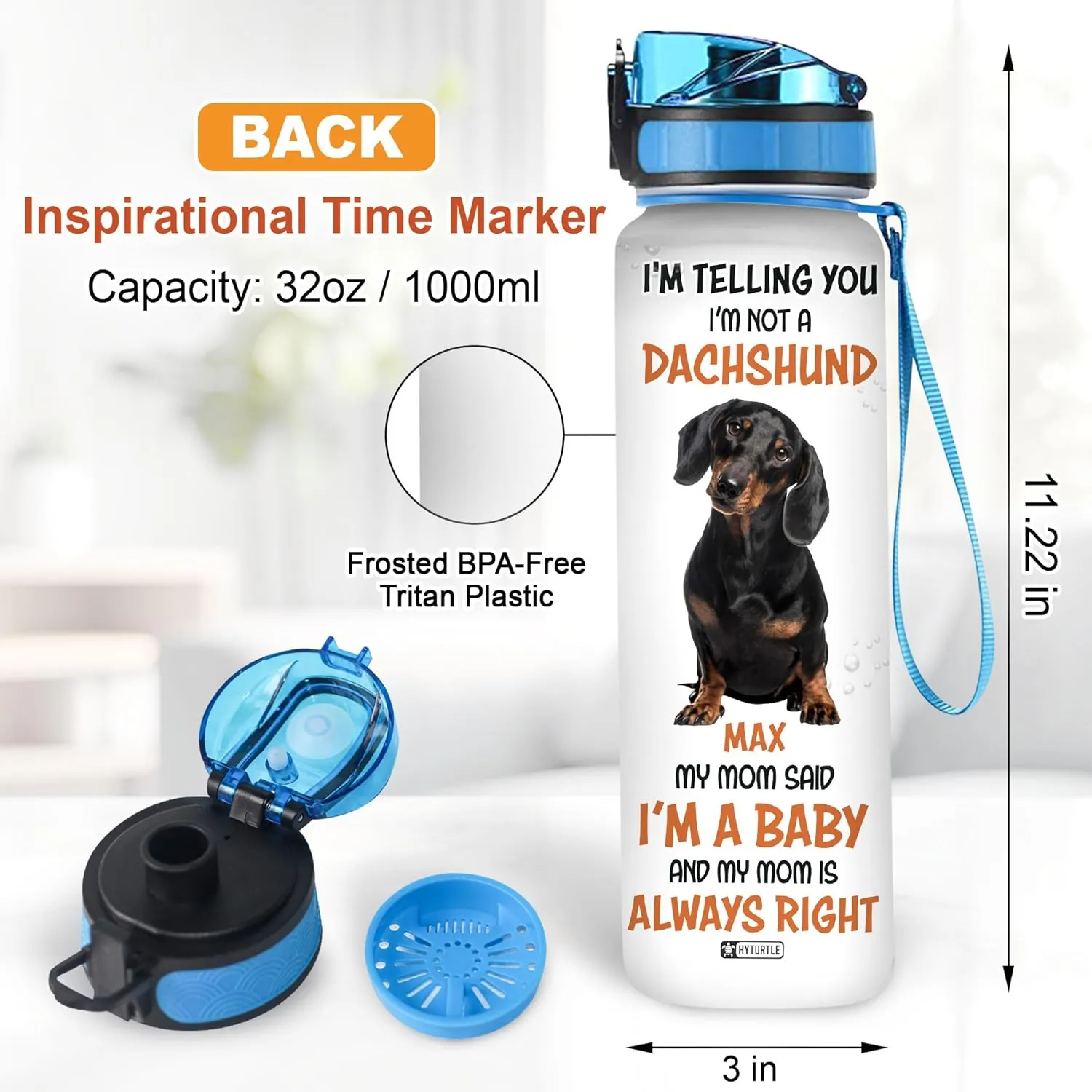 Hyturtle Personalized I'm Telling You I'm Not A Dachshund 32Oz Liter Motivational Water Bottle, Customized Name With Time Marker, Gifts For Dachshund From Women Dog Lovers Dachshund Lover On Birthday