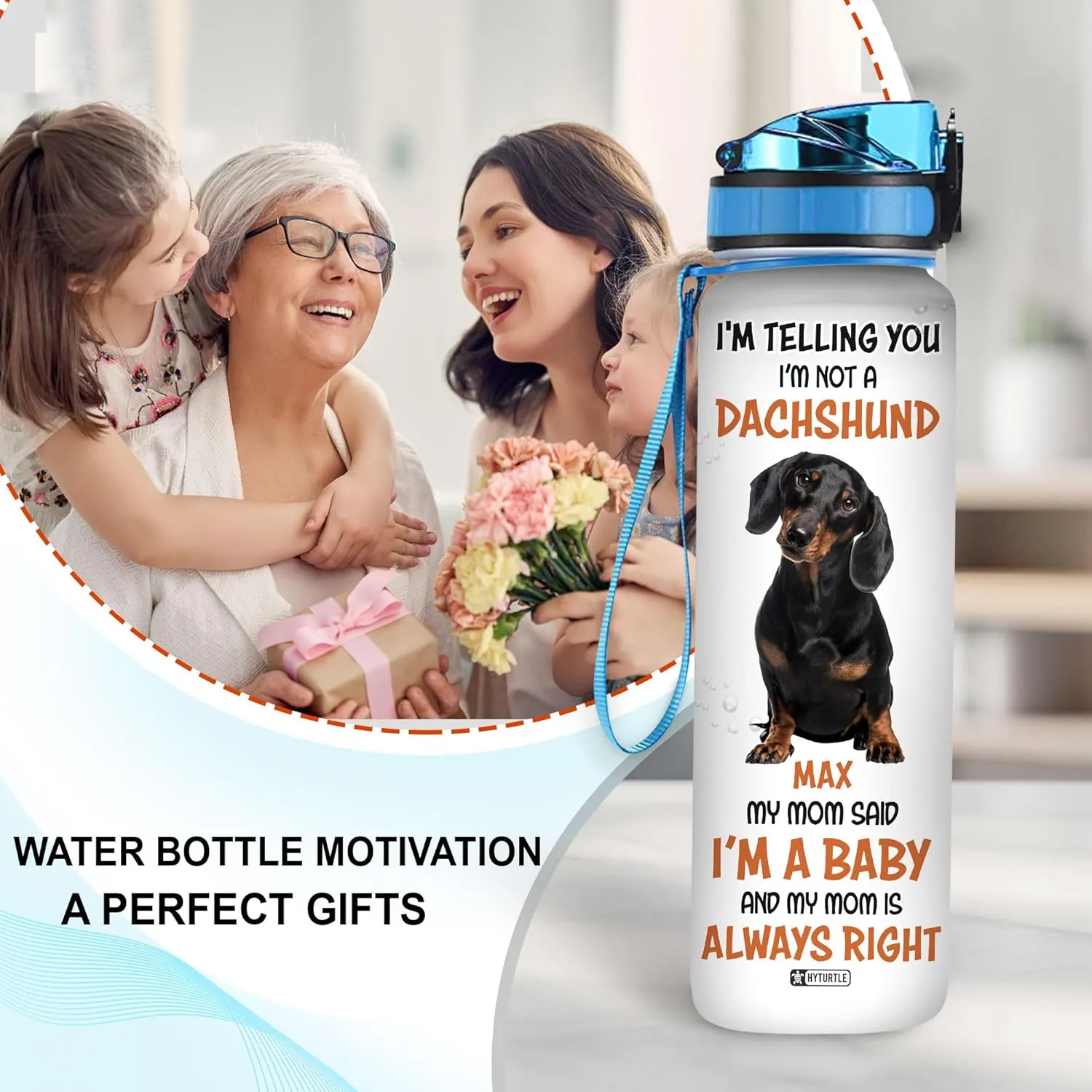 Hyturtle Personalized I'm Telling You I'm Not A Dachshund 32Oz Liter Motivational Water Bottle, Customized Name With Time Marker, Gifts For Dachshund From Women Dog Lovers Dachshund Lover On Birthday