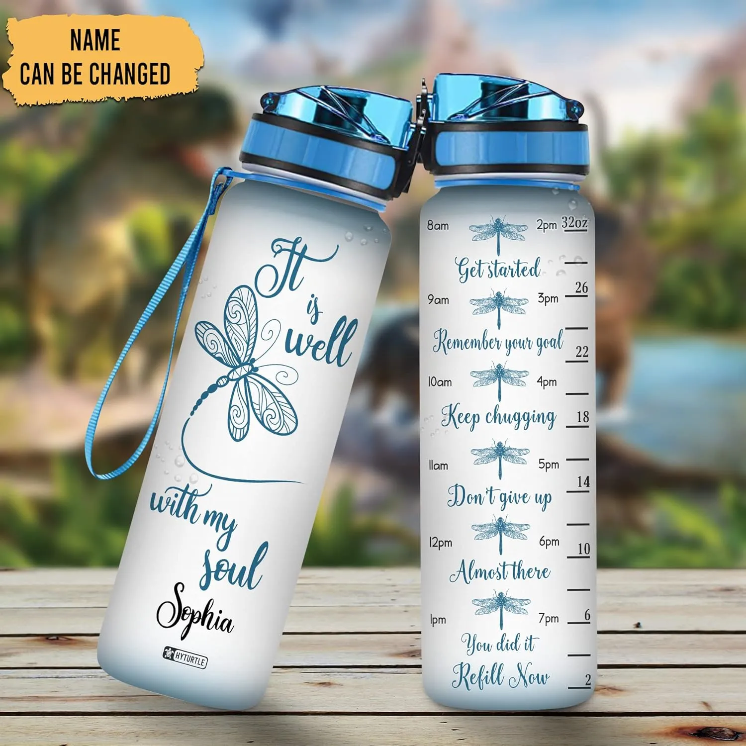 Hyturtle Personalized It Is Well With My Soul Dragonfly 32Oz Liter Motivational Water Bottle, Customized Name With Time Marker, Gifts For Women Girls Family Friends Dragonfly Lovers On Birthday
