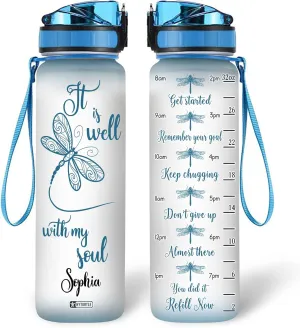 Hyturtle Personalized It Is Well With My Soul Dragonfly 32Oz Liter Motivational Water Bottle, Customized Name With Time Marker, Gifts For Women Girls Family Friends Dragonfly Lovers On Birthday