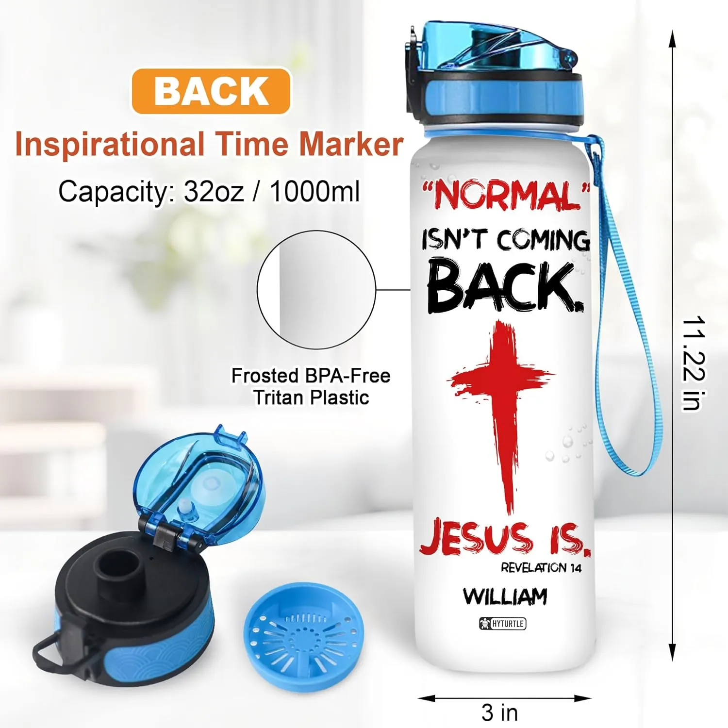 Hyturtle Personalized Jesus Water Bottle – 32oz Motivational Bottle with Leak-Proof Lid & Time Marker – Custom Name Christian Gift Featuring Cross Design for Bible Study, Religious Celebrations